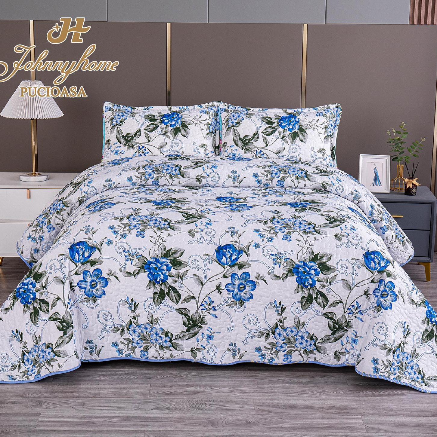 (OFERTA 3 la 199 Lei) Cuvertura pentru pat dublu cu 2 fete, matlasata,  Albastru, flori - 1 | YEO