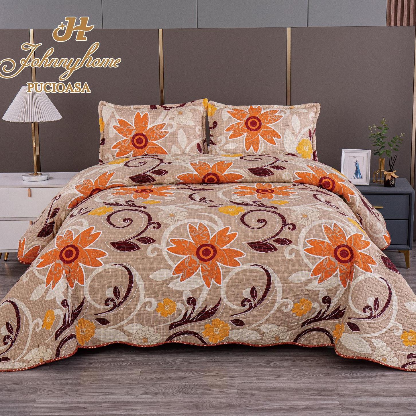 (OFERTA 3 la 199 Lei) Cuvertura pentru pat dublu cu 2 fete, matlasata,  Portocaliu, cercuri, flori - 1 | YEO