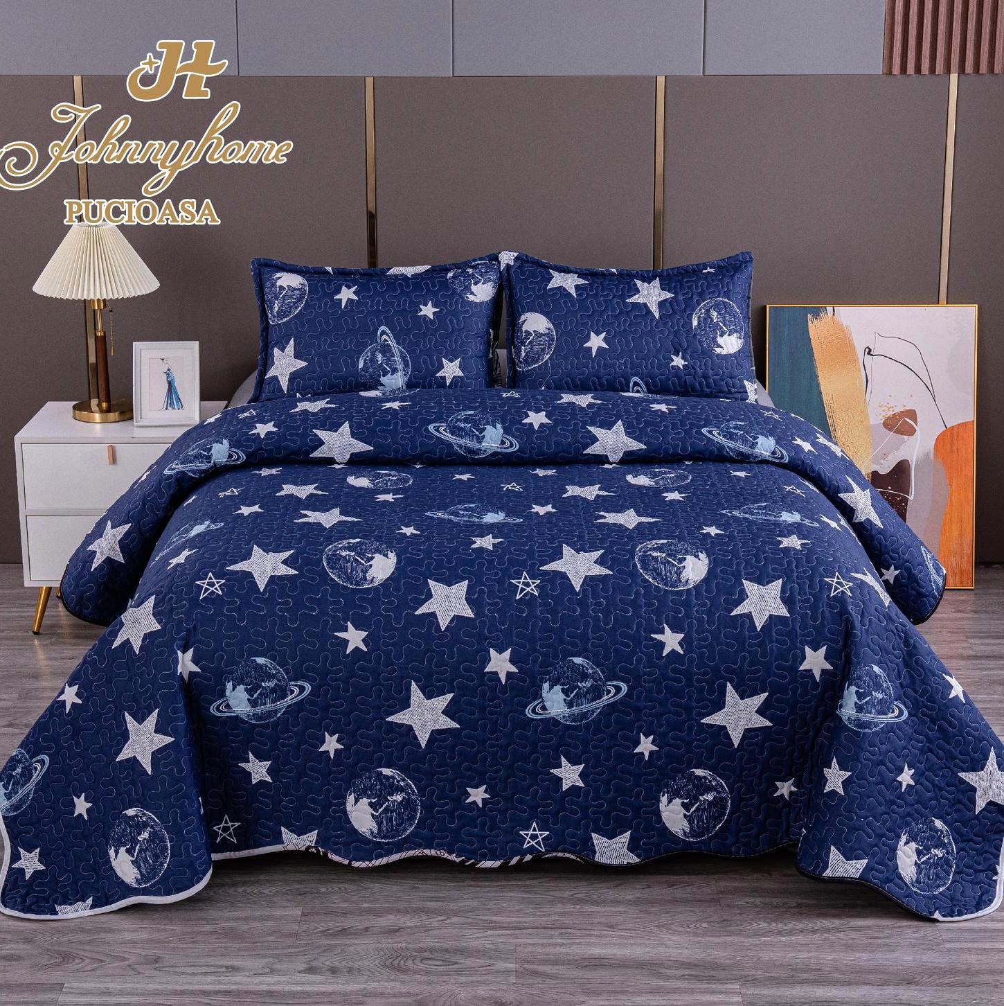 (OFERTA 3 la 199 Lei) Cuvertura pentru pat dublu cu 2 fete, matlasata,  Albastru, frunze, planete - 1 | YEO
