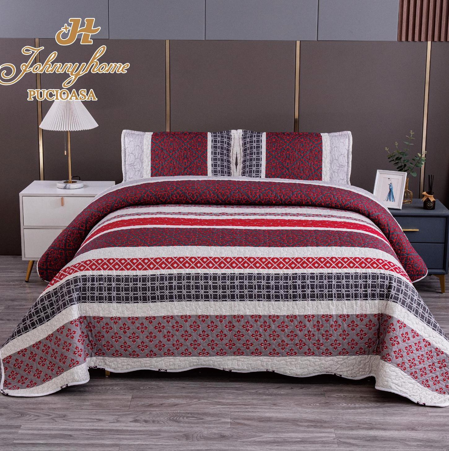 (OFERTA 3 la 199 Lei) Cuvertura pentru pat dublu cu 2 fete, matlasata,  Rosu, flori, dungi - 1 | YEO