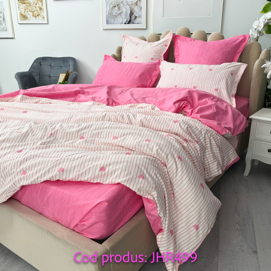(OFERTA TRIO) Lenjerie pat dublu,  FINET, 6 piese, Roz, inimioare - 1 | YEO