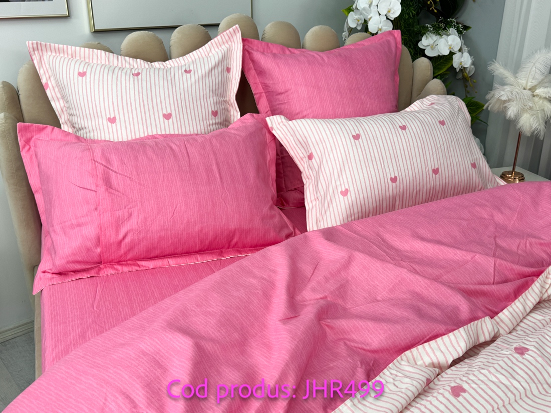 (OFERTA TRIO) Lenjerie pat dublu,  FINET, 6 piese, Roz, inimioare - 4 | YEO
