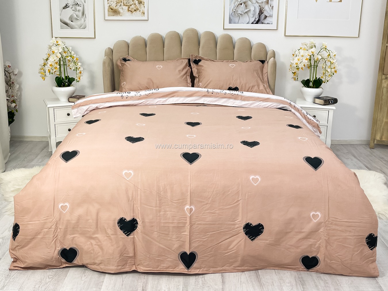 (OFERTA 3 la 219 Lei) Lenjerie pat dublu cu Elastic (160x200cm si 180x200cm), bumbac satinat, Pudra, inimioare - 1 | YEO
