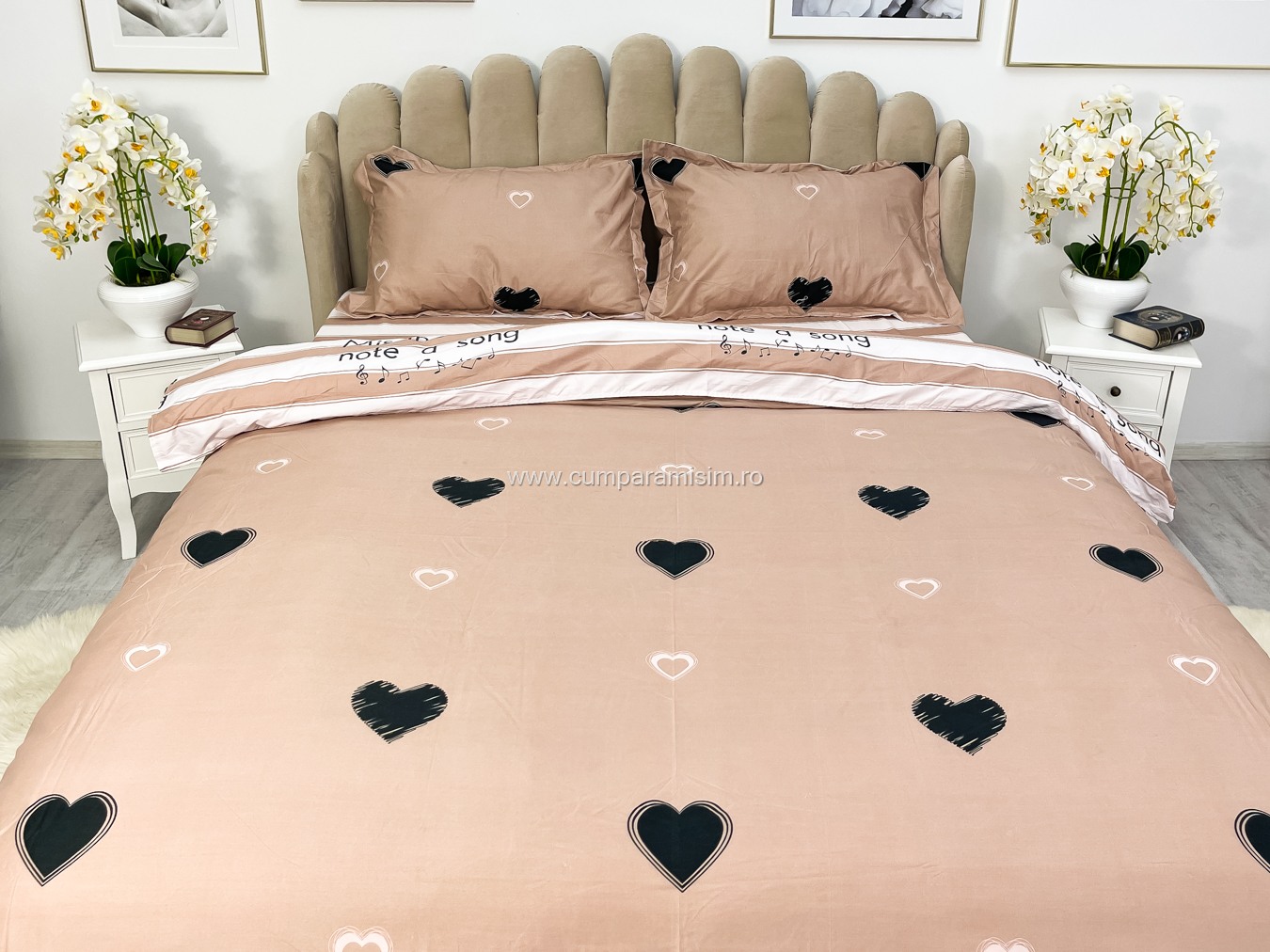 (OFERTA 3 la 219 Lei) Lenjerie pat dublu cu Elastic (160x200cm si 180x200cm), bumbac satinat, Pudra, inimioare - 2 | YEO