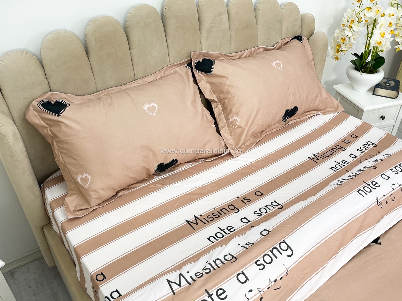 (OFERTA 3 la 219 Lei) Lenjerie pat dublu cu Elastic (160x200cm si 180x200cm), bumbac satinat, Pudra, inimioare - 4 | YEO