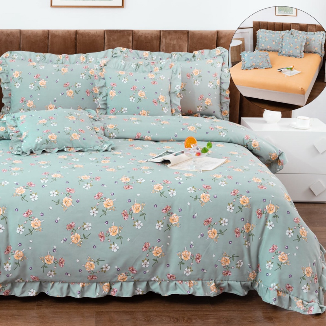 Lenjerie pat dublu,  Finet cu Volanase, CEARSAF CU ELASTIC, 6 piese, Bleu, Flori - 2 | YEO