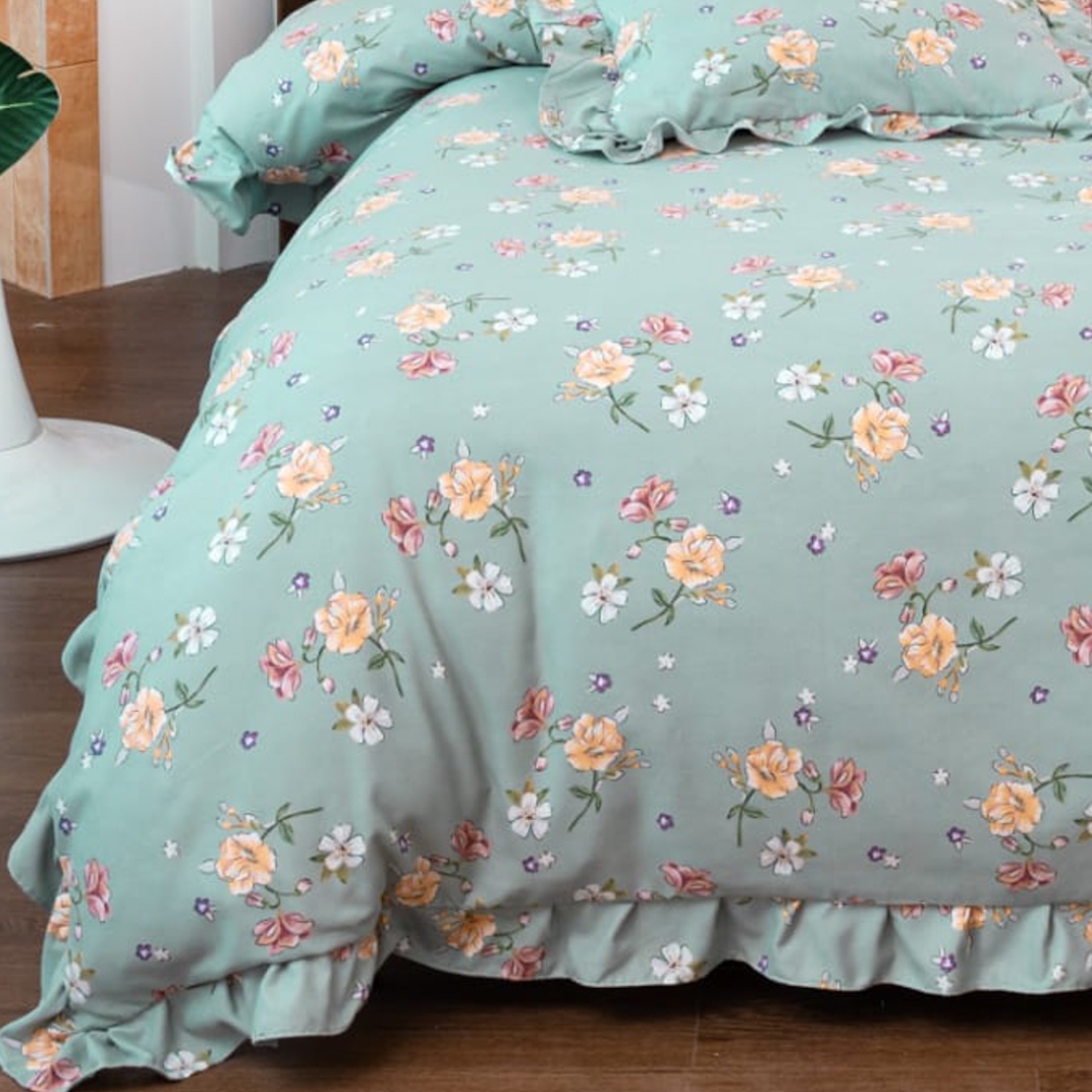 Lenjerie pat dublu,  Finet cu Volanase, CEARSAF CU ELASTIC, 6 piese, Bleu, Flori - 3 | YEO