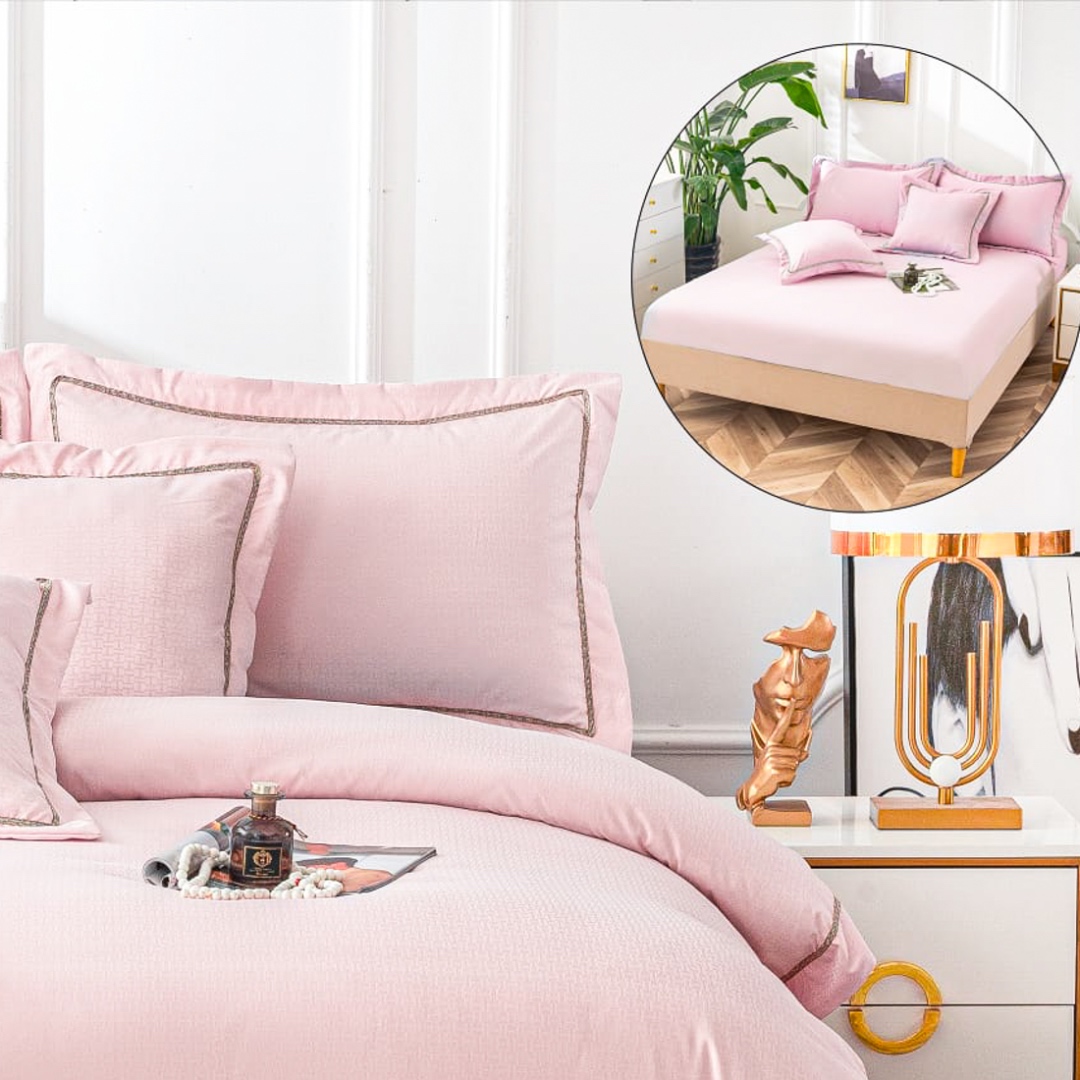 Lenjerie Pat Dublu, Bumbac Neted Fin, cu Bordura din Broderie Rafinata, CEARSAF CU ELASTIC, 6 piese, Roz - 3 | YEO