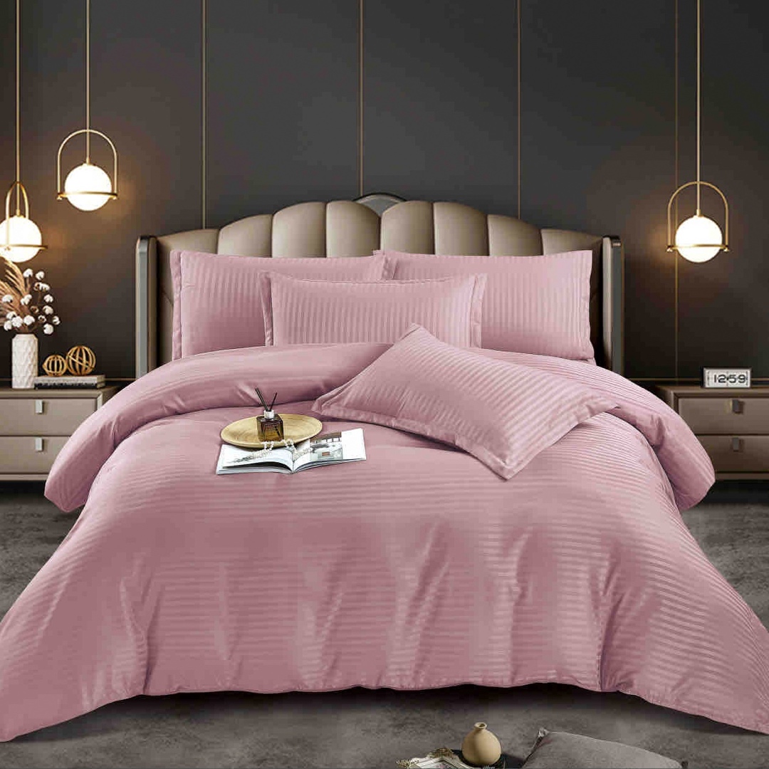 Lenjerie HoReCa, pat dublu, Damasc Finetat Deluxe cu Elastic, 6 piese, Jojo Home, Roz pudra - 1 | YEO
