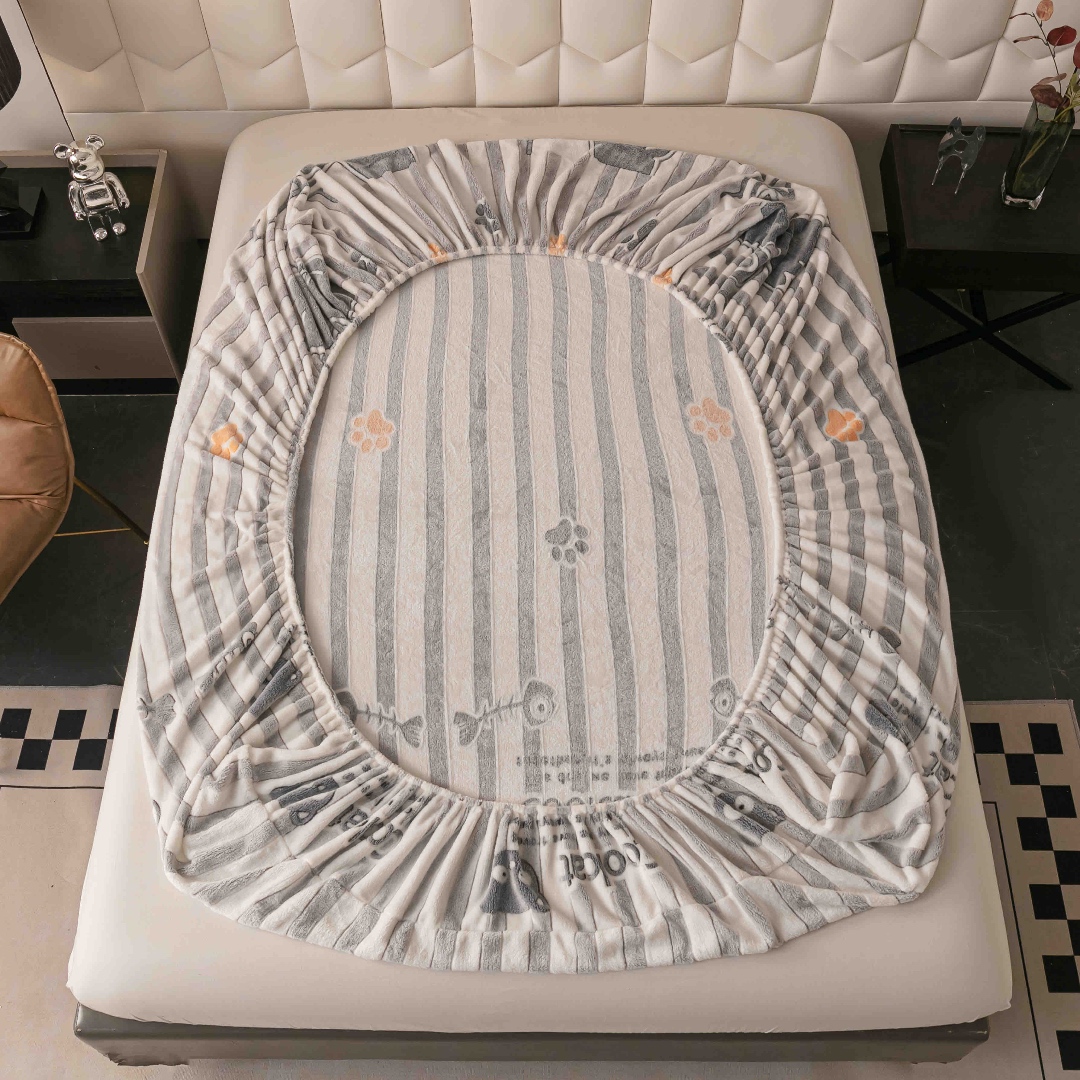 Cearsaf CoCoLiNo, JoJo Home, cu Elastic, 180x200x25cm, 2 fete de perne, 50x70cm, Alb, Gri, dungi, pisicute - 2 | YEO