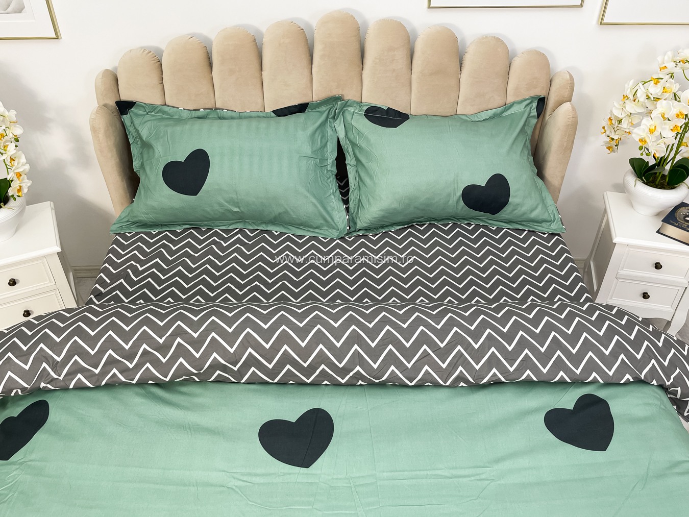 (OFERTA 3 la 219 Lei) Lenjerie pat dublu cu Elastic (160x200cm si 180x200cm), bumbac satinat, Verde, inimioare - 3 | YEO