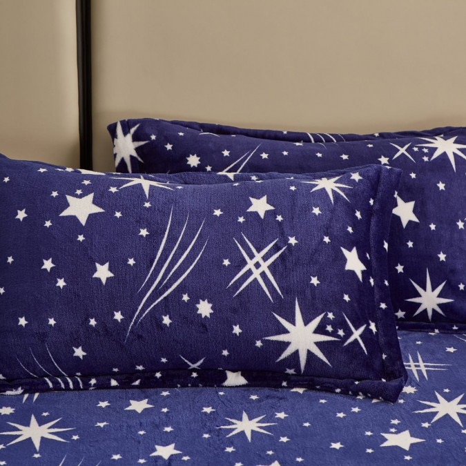 Lenjerie pat dublu, Super Pufoasa COCOLINO,cu ELASTIC, 4 piese, Bleumarin, ploaie de stele - 2 | YEO