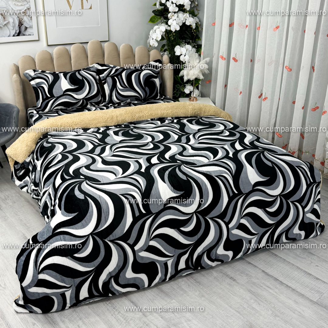 Lenjerie pat dublu, Super Pufoasa COCOLINO cu BLANITA, 4 piese, Gri-Negru, model abstract - 1 | YEO