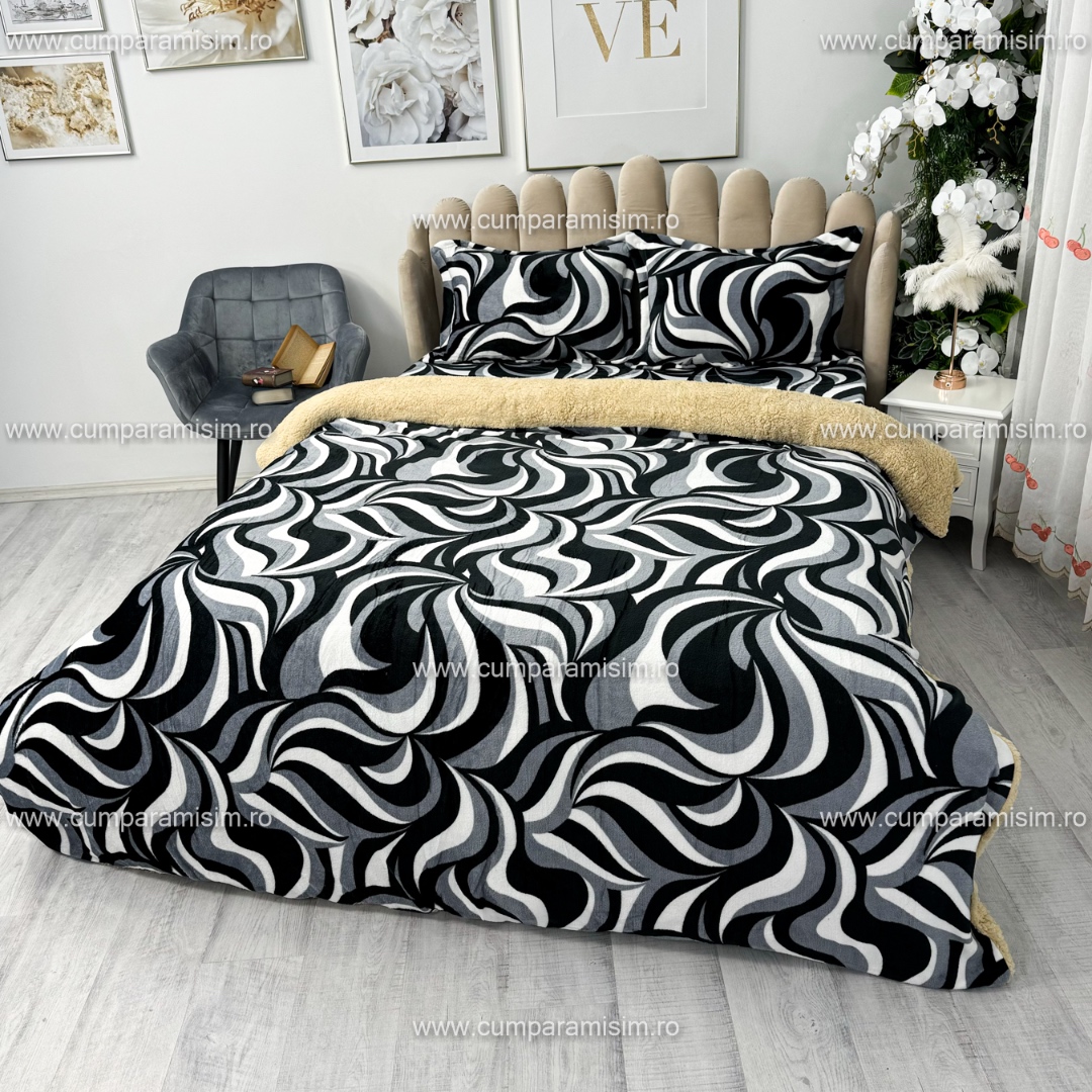 Lenjerie pat dublu, Super Pufoasa COCOLINO cu BLANITA, 4 piese, Gri-Negru, model abstract - 2 | YEO