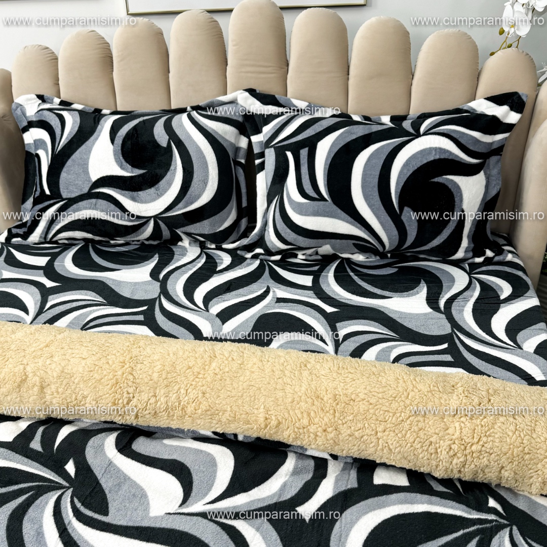 Lenjerie pat dublu, Super Pufoasa COCOLINO cu BLANITA, 4 piese, Gri-Negru, model abstract - 3 | YEO