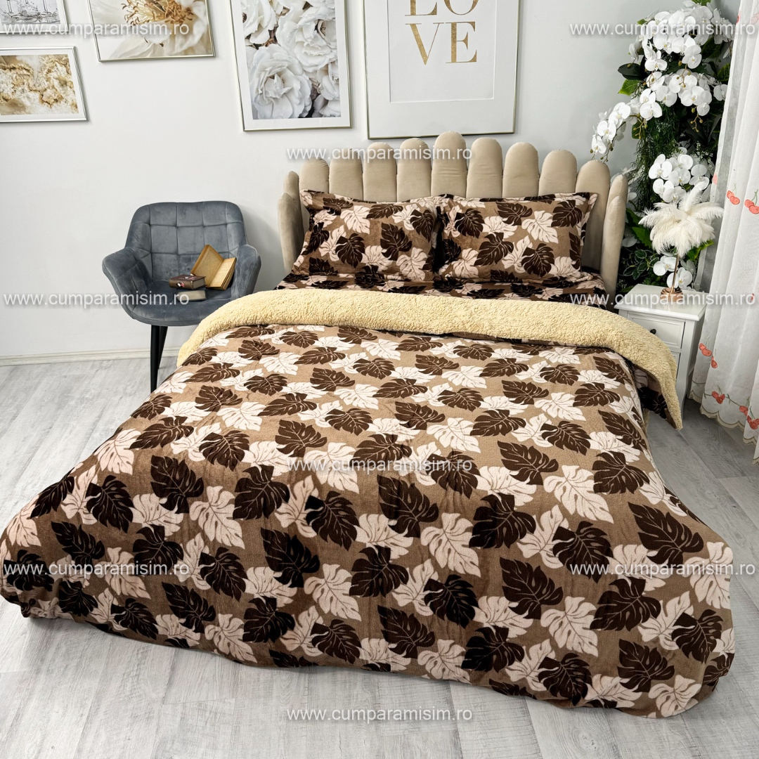 Lenjerie pat dublu, Super Pufoasa COCOLINO cu BLANITA, 4 piese, Maro, frunze de toamna - 3 | YEO