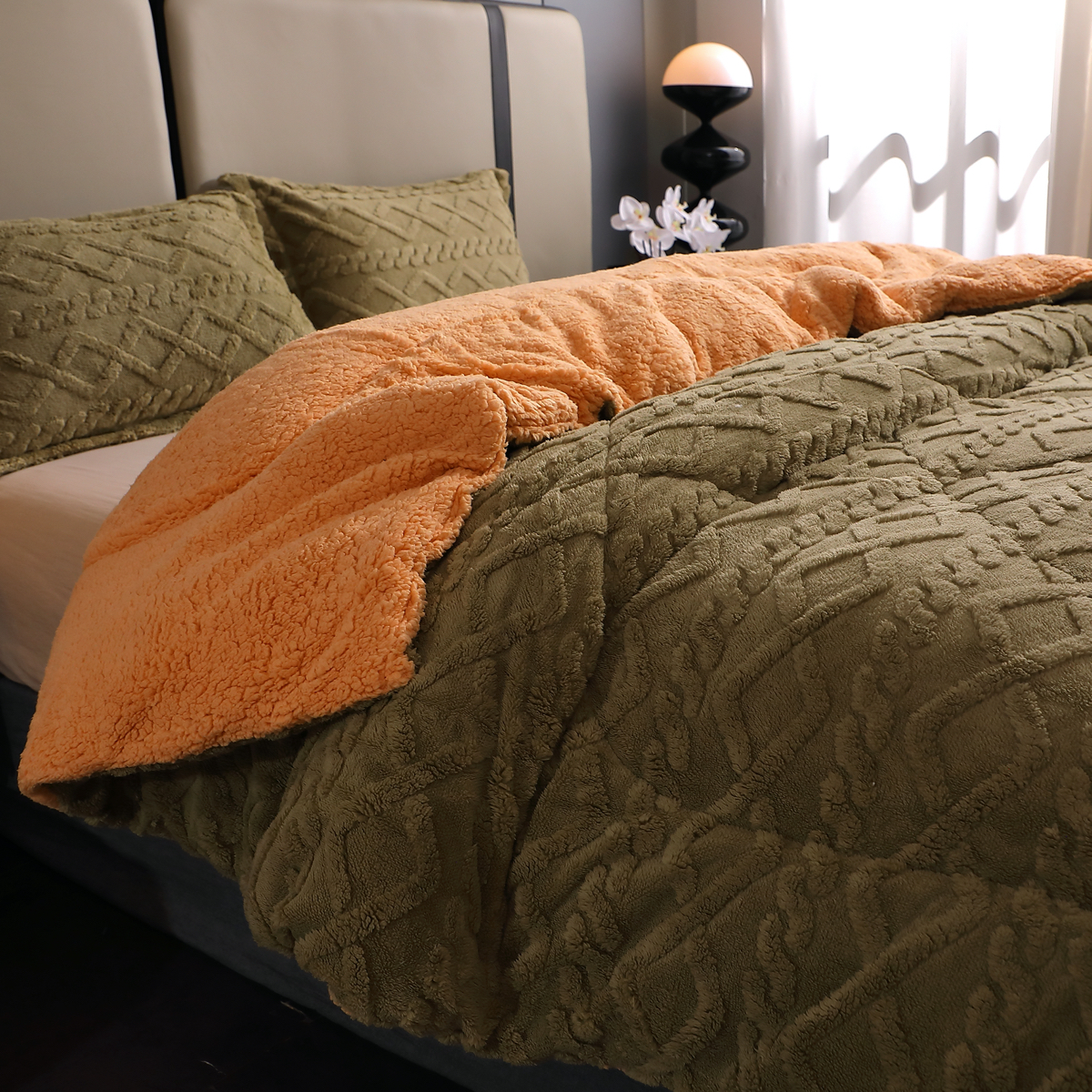 Pilota CoCoLiNo Sherpa tip Tricotaj cu blanita bej, matlasata, 200x230cm + 2 fete de perna 50x70cm, kaki - 2 | YEO