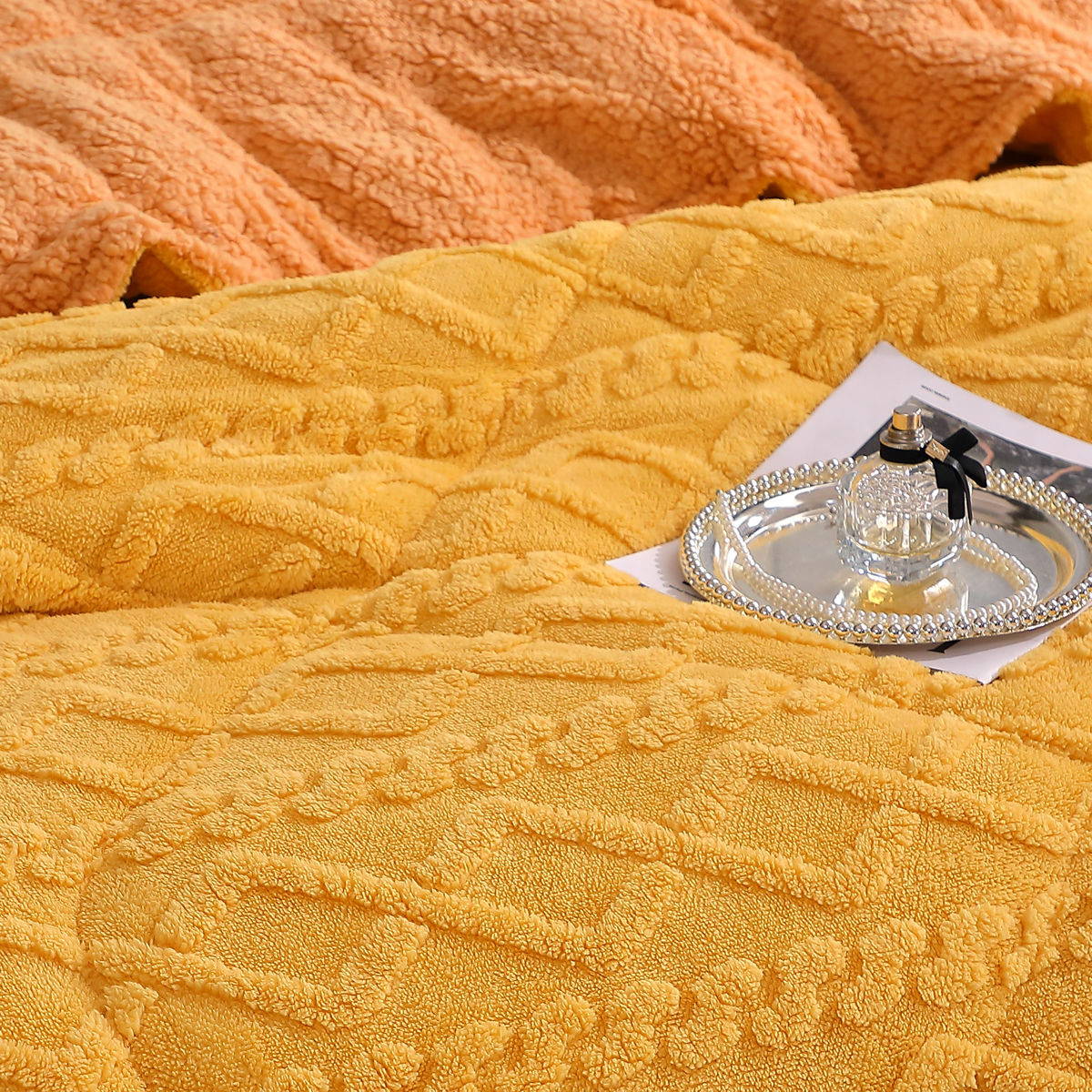 Pilota CoCoLiNo Sherpa tip Tricotaj cu blanita bej, matlasata, 200x230cm + 2 fete de perna 50x70cm, galben - 4 | YEO