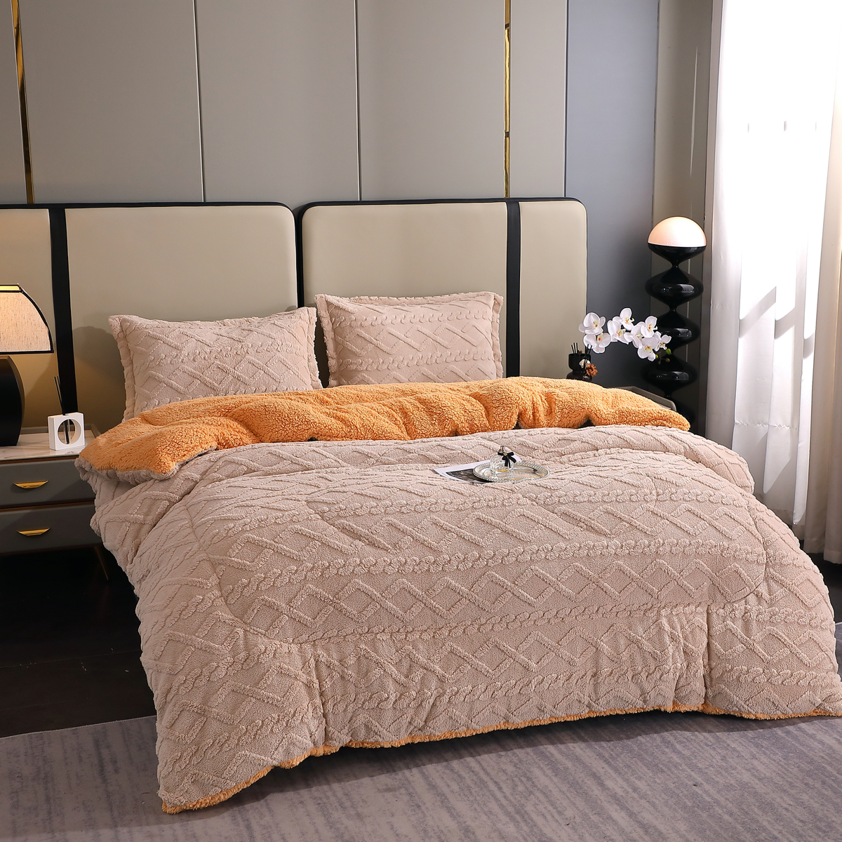 Poze Pilota CoCoLiNo Sherpa tip Tricotaj cu blanita bej, matlasata, 200x230cm + 2 fete de perna 50x70cm, cappuccino cumparamisim.ro