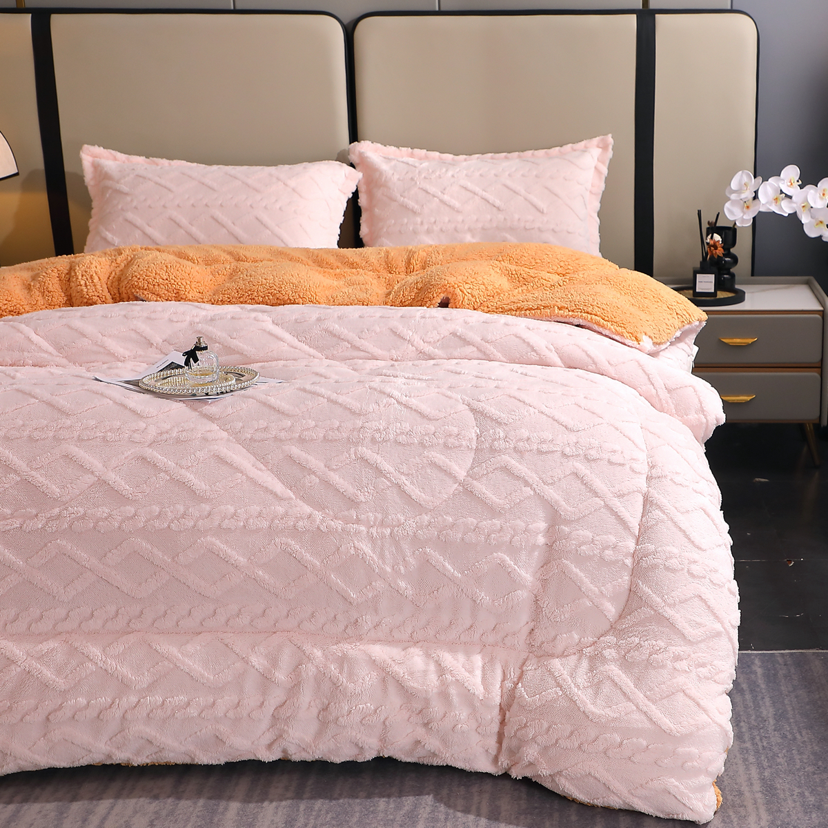 Pilota CoCoLiNo Sherpa tip Tricotaj cu blanita bej, matlasata, 200x230cm + 2 fete de perna 50x70cm, crem - 1 | YEO