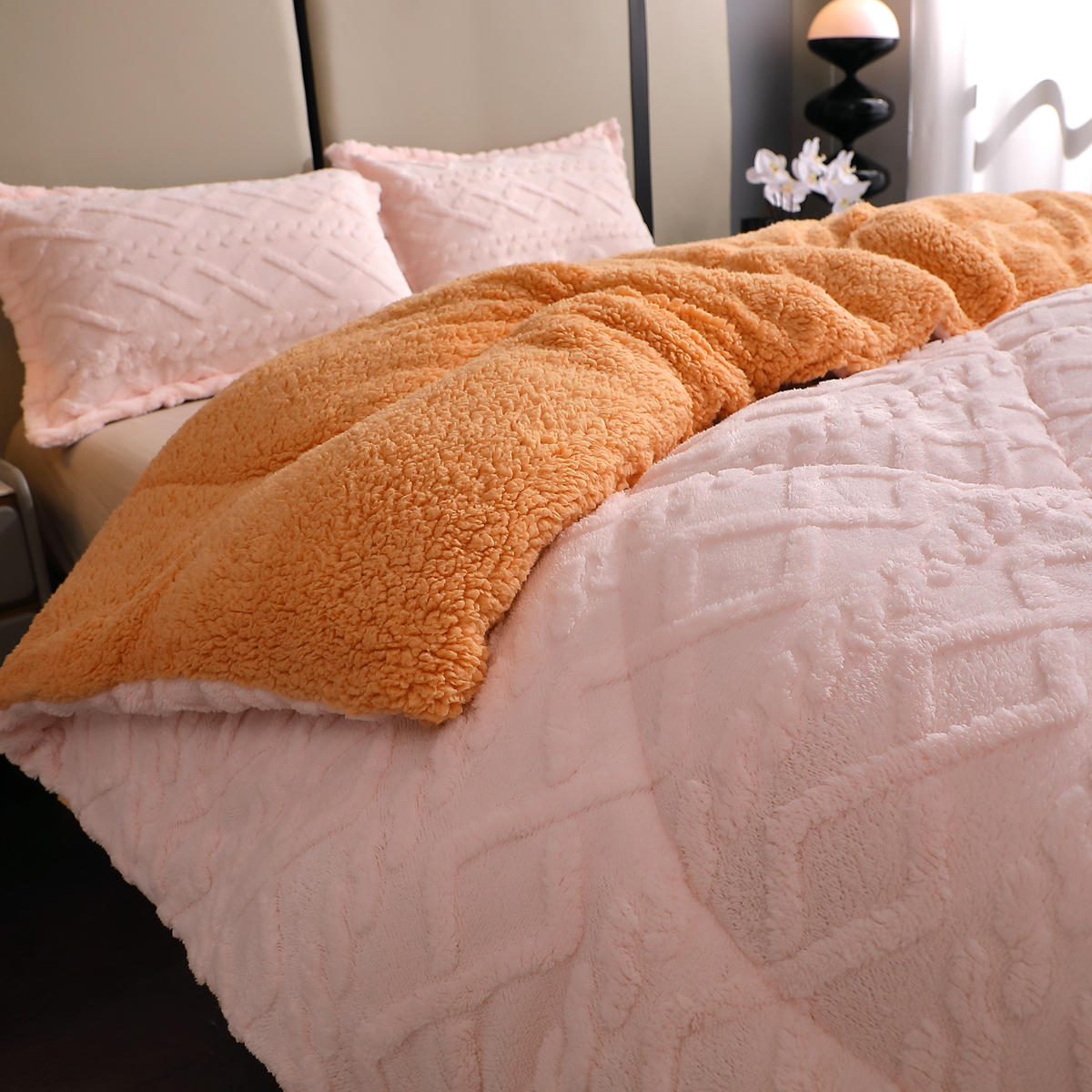 Pilota CoCoLiNo Sherpa tip Tricotaj cu blanita bej, matlasata, 200x230cm + 2 fete de perna 50x70cm, crem - 4 | YEO