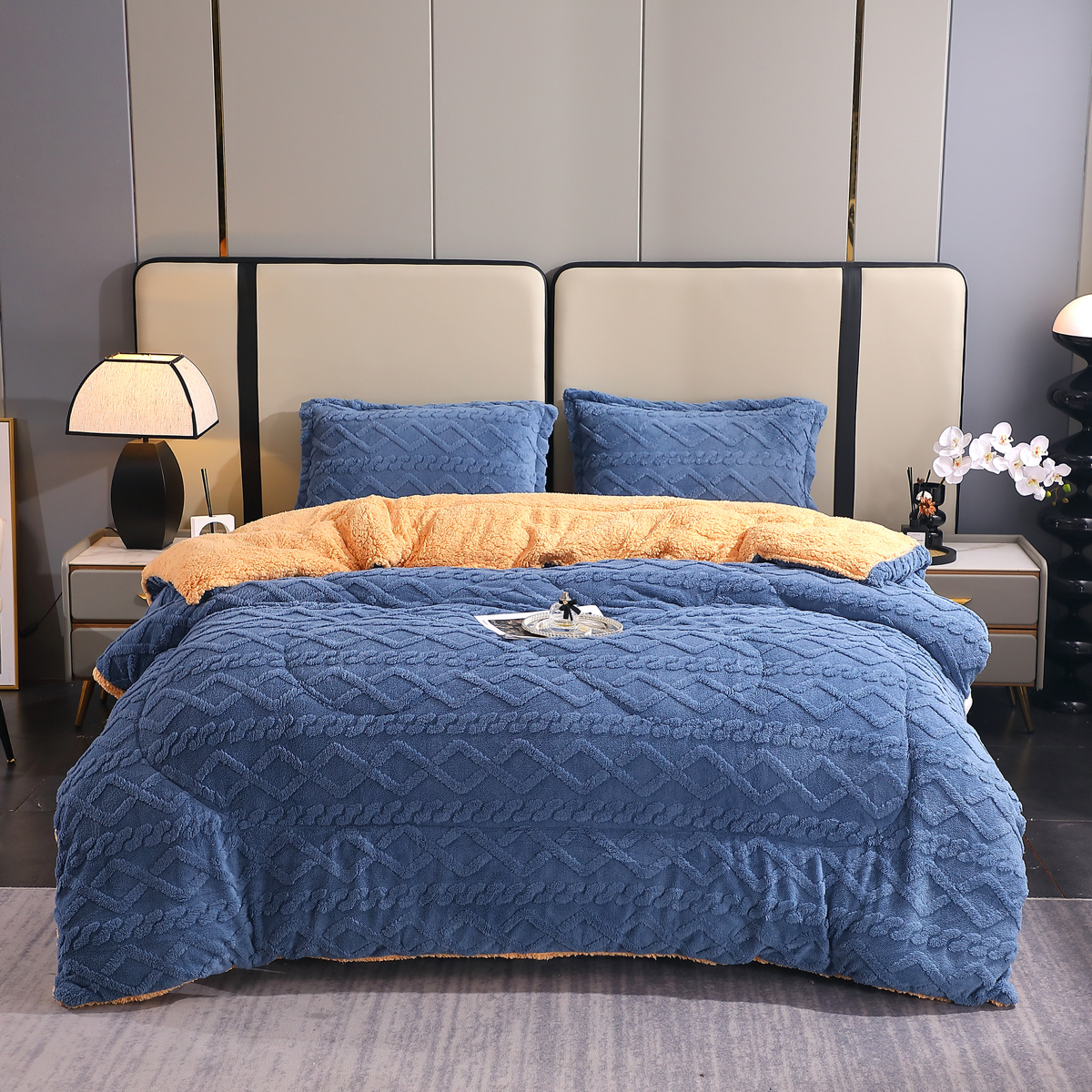 Pilota CoCoLiNo Sherpa tip Tricotaj cu blanita bej, matlasata, 200x230cm + 2 fete de perna 50x70cm, albastru - 1 | YEO