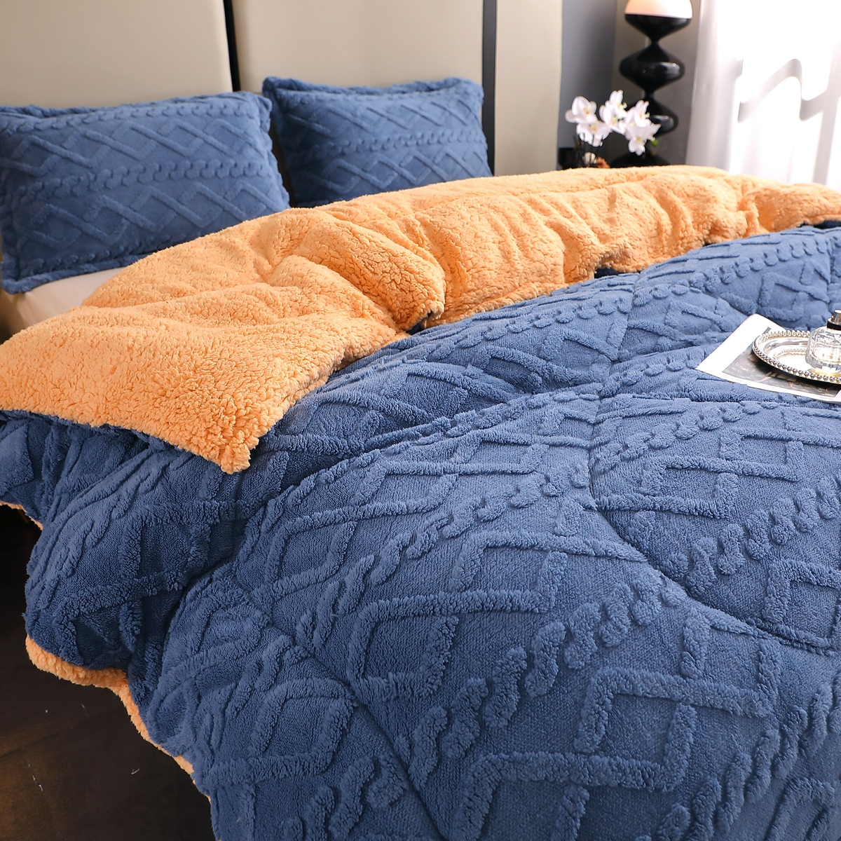 Pilota CoCoLiNo Sherpa tip Tricotaj cu blanita bej, matlasata, 200x230cm + 2 fete de perna 50x70cm, albastru - 4 | YEO