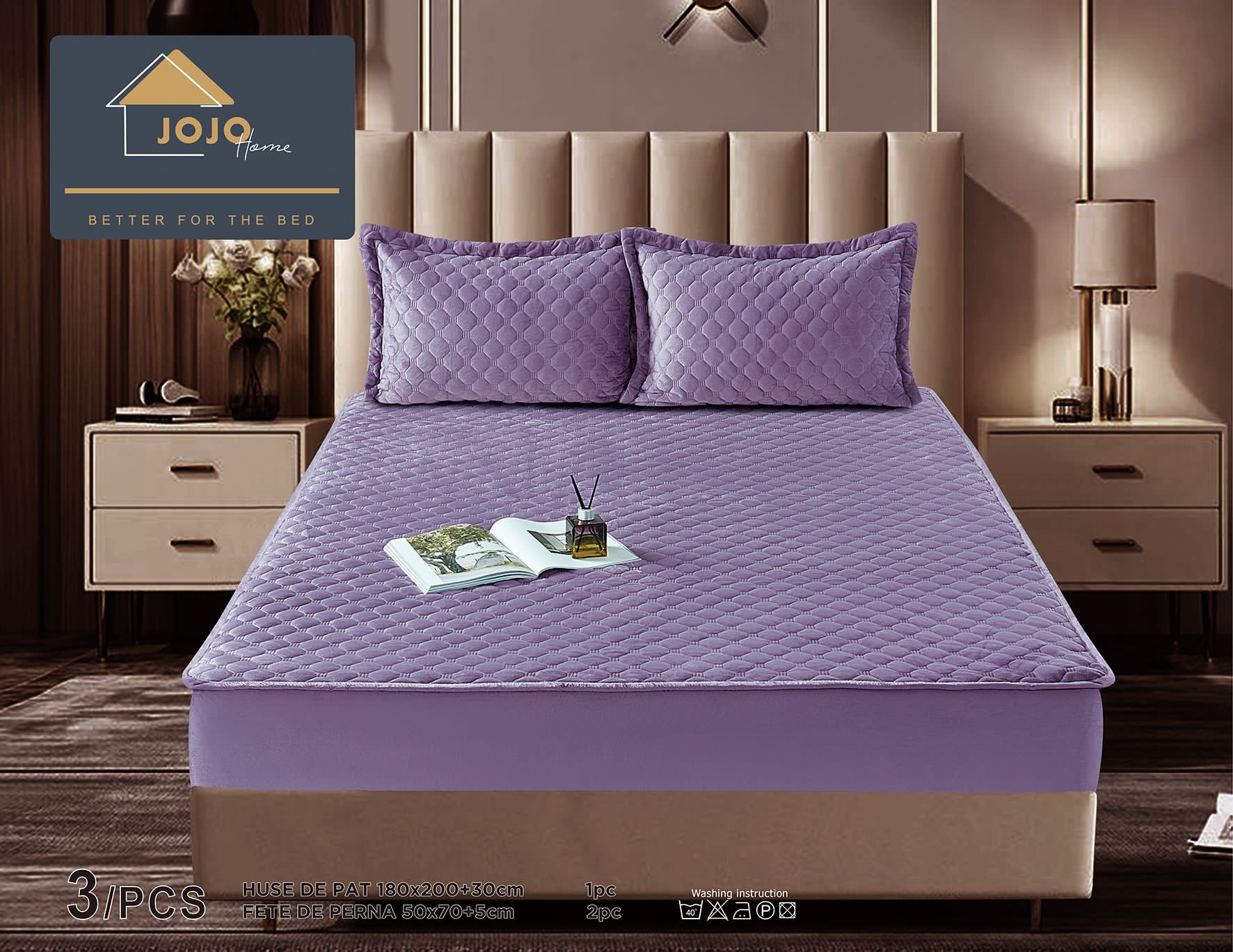 Husã matlasatã tip topper din catifea, 160x200cm + 2 fete de perna 50x70cm, mov - 1 | YEO