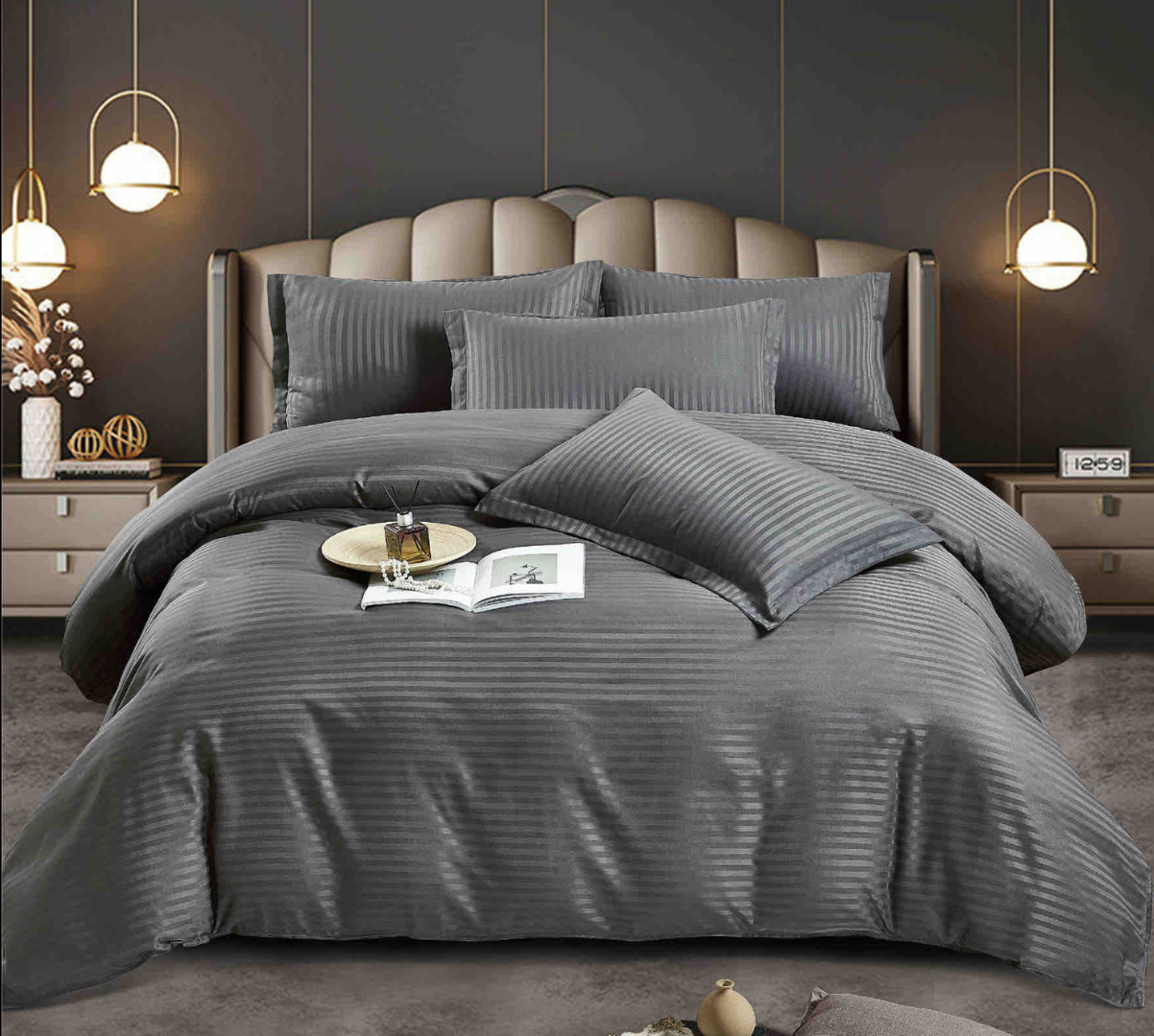 Lenjerie HoReCa, pat dublu, Damasc Finetat Deluxe cu Elastic, 6 piese, Jojo Home, Gri Antracit - 2 | YEO