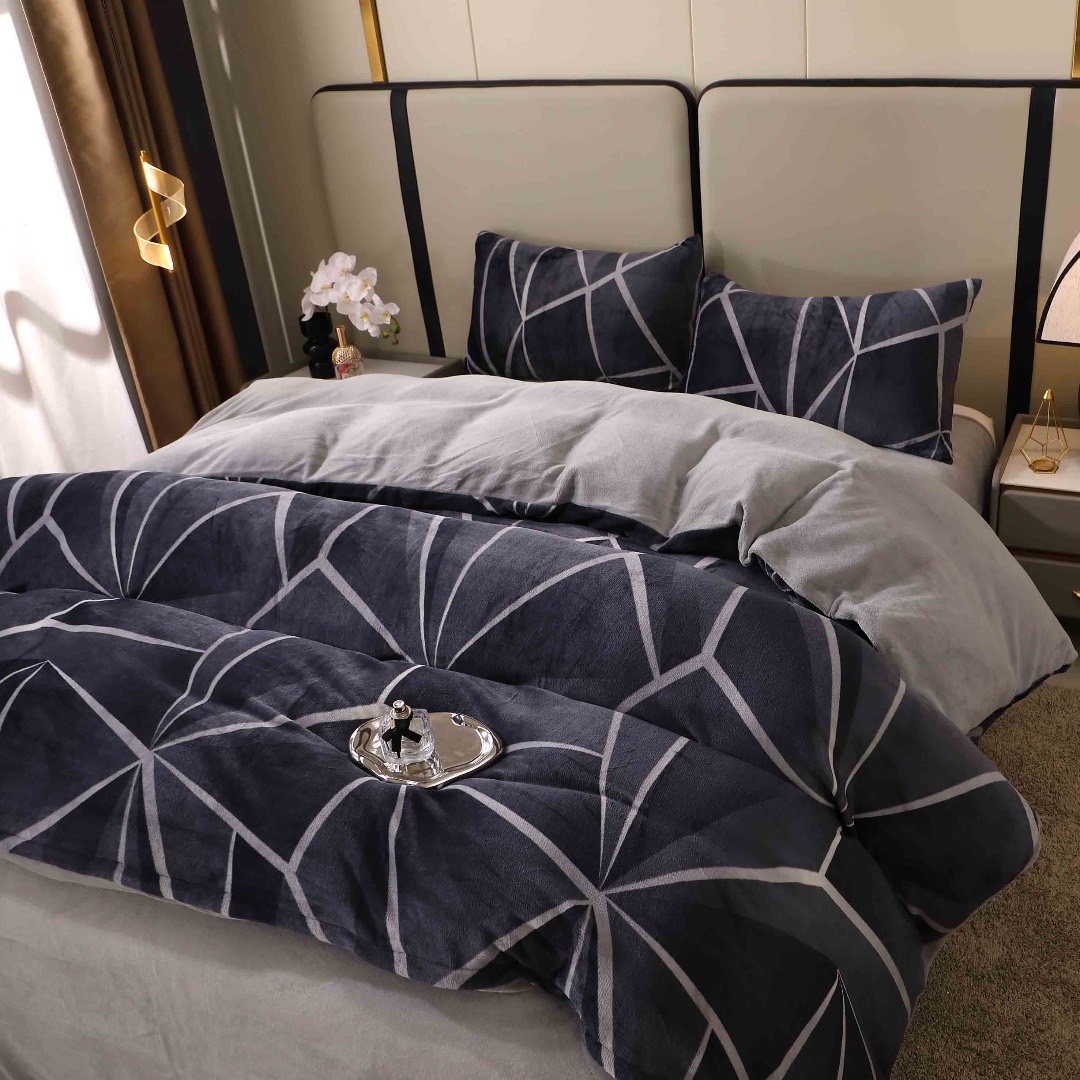Lenjerie pat dublu, Super Pufoasa COCOLINO, 4 piese, Bleumarin, Gri, Forme Geometrice - 2 | YEO