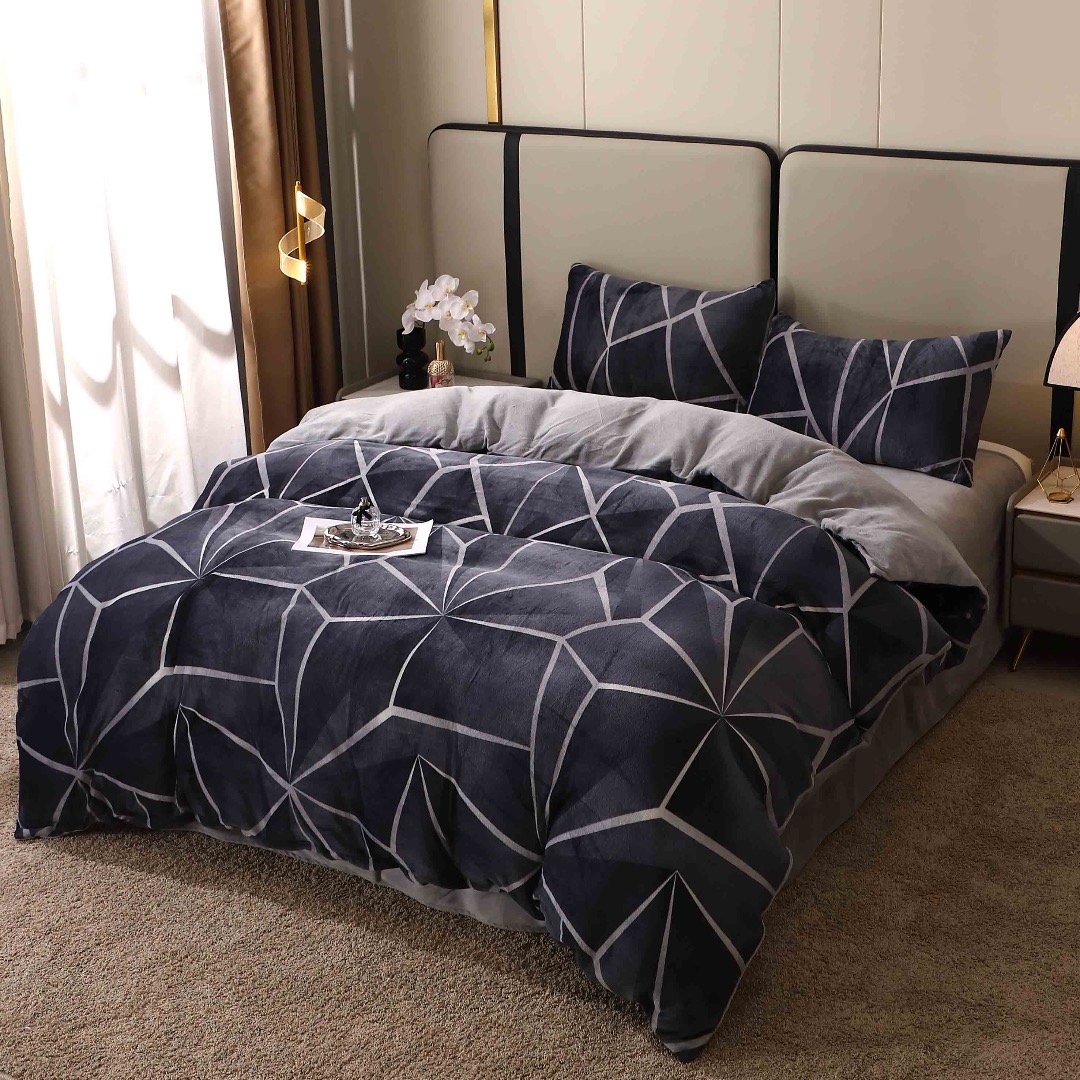 Lenjerie pat dublu, Super Pufoasa COCOLINO, 4 piese, Bleumarin, Gri, Forme Geometrice - 3 | YEO