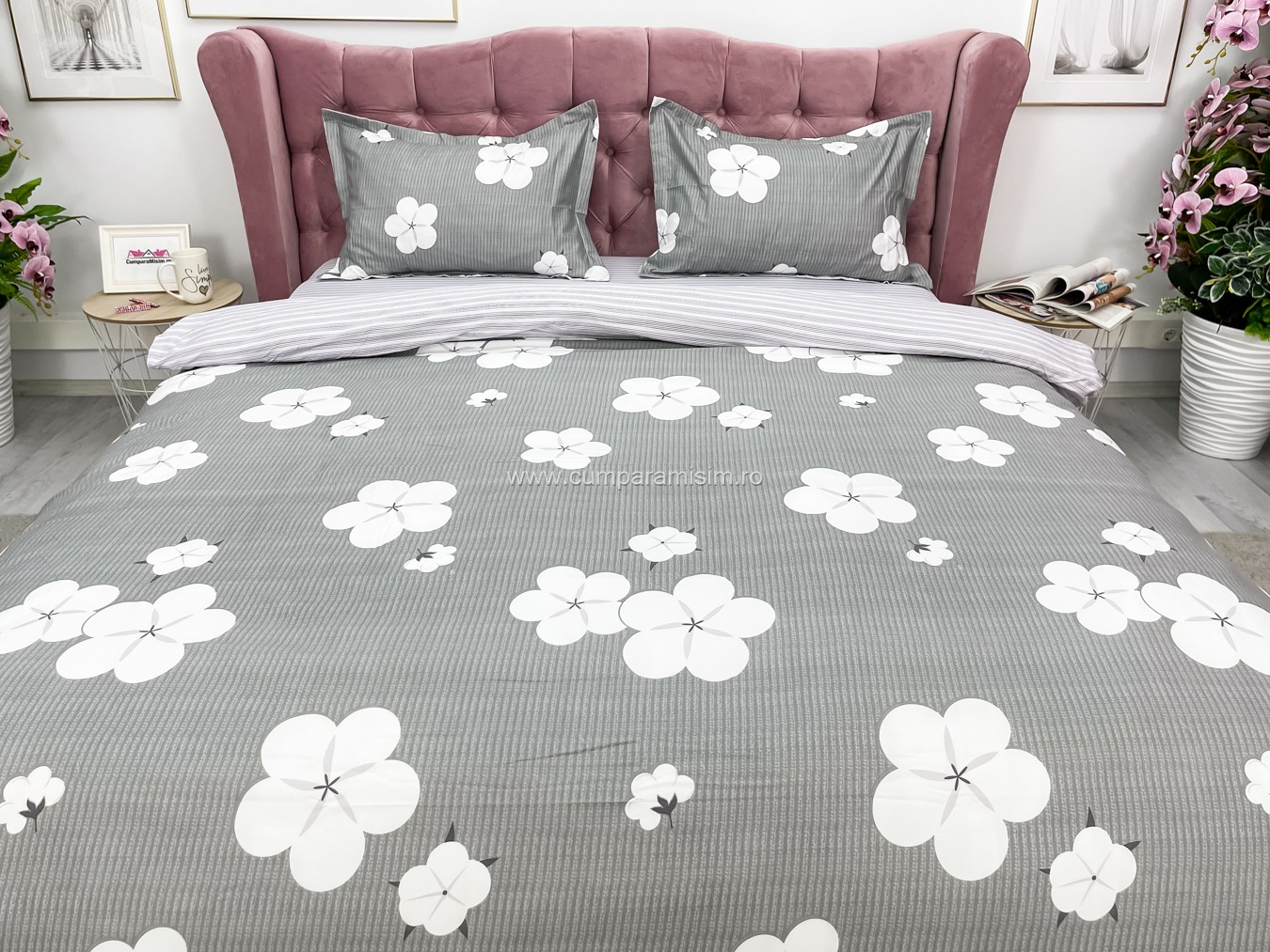 (OFERTA 3 la 199 Lei) Lenjerie pat dublu cu doua feţe, bumbac satinat, 4 piese,  Gri, flori - 2 | YEO