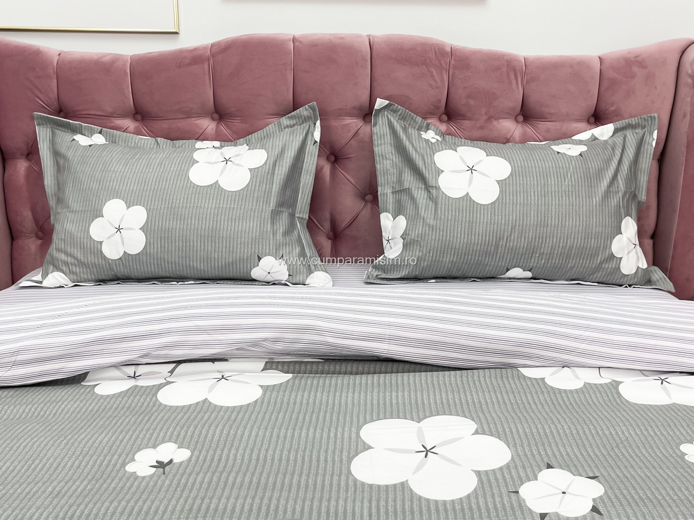 (OFERTA 3 la 199 Lei) Lenjerie pat dublu cu doua feţe, bumbac satinat, 4 piese,  Gri, flori - 3 | YEO