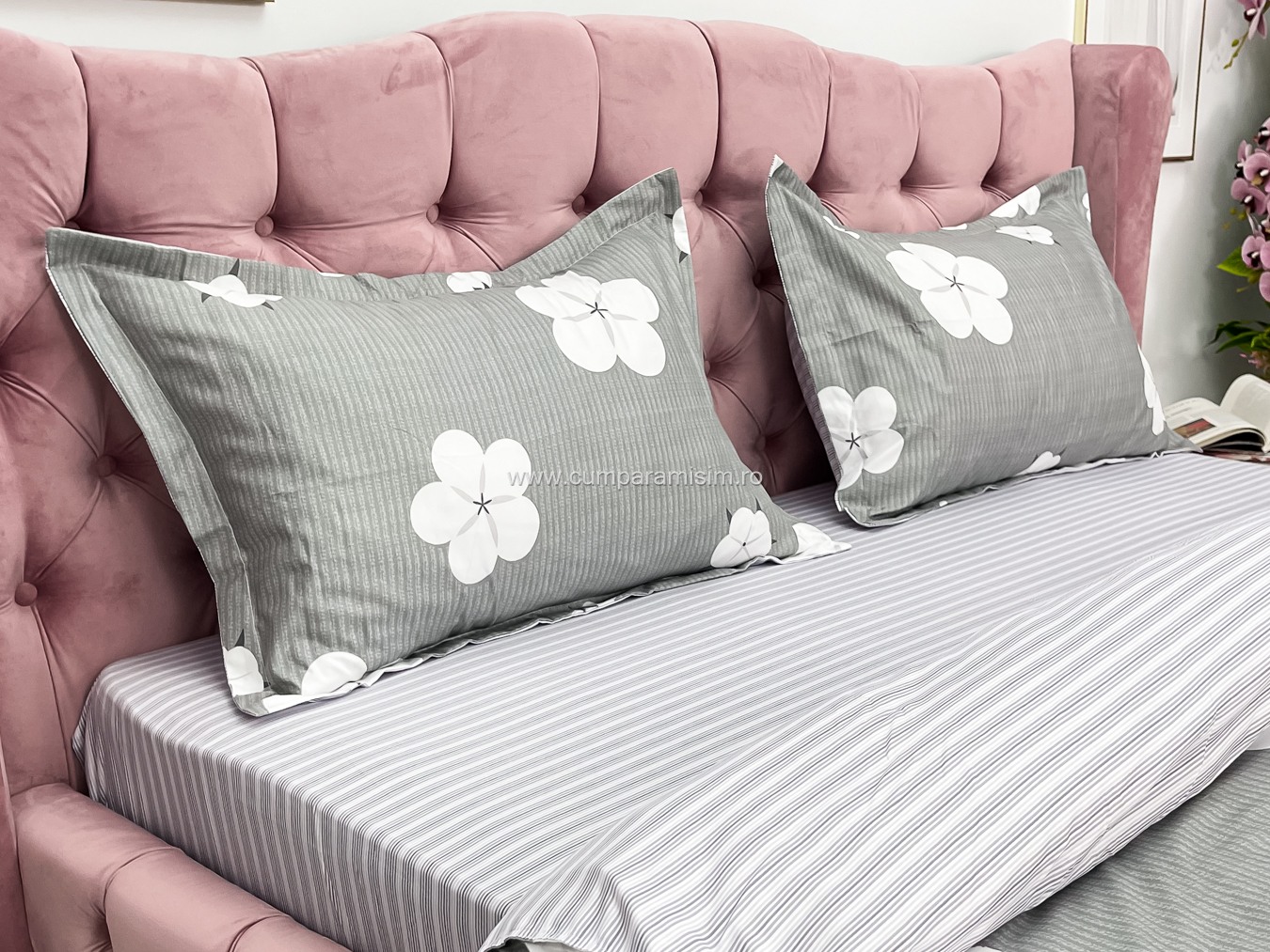 (OFERTA 3 la 199 Lei) Lenjerie pat dublu cu doua feţe, bumbac satinat, 4 piese,  Gri, flori - 4 | YEO
