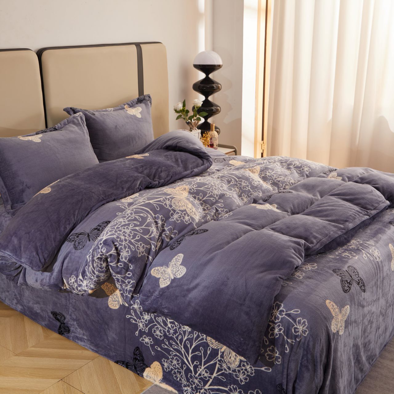 Lenjerie pat dublu, Super Pufoasa COCOLINO, 4 piese, Gri, fluturi - 1 | YEO