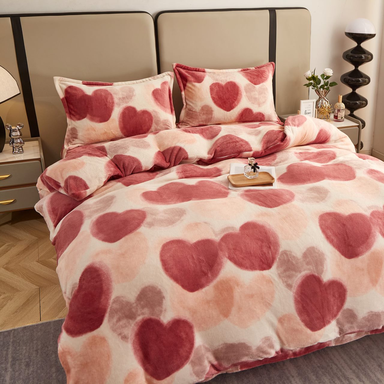 Lenjerie pat dublu, Super Pufoasa COCOLINO, 4 piese, Roz pudra, inimioare - 1 | YEO