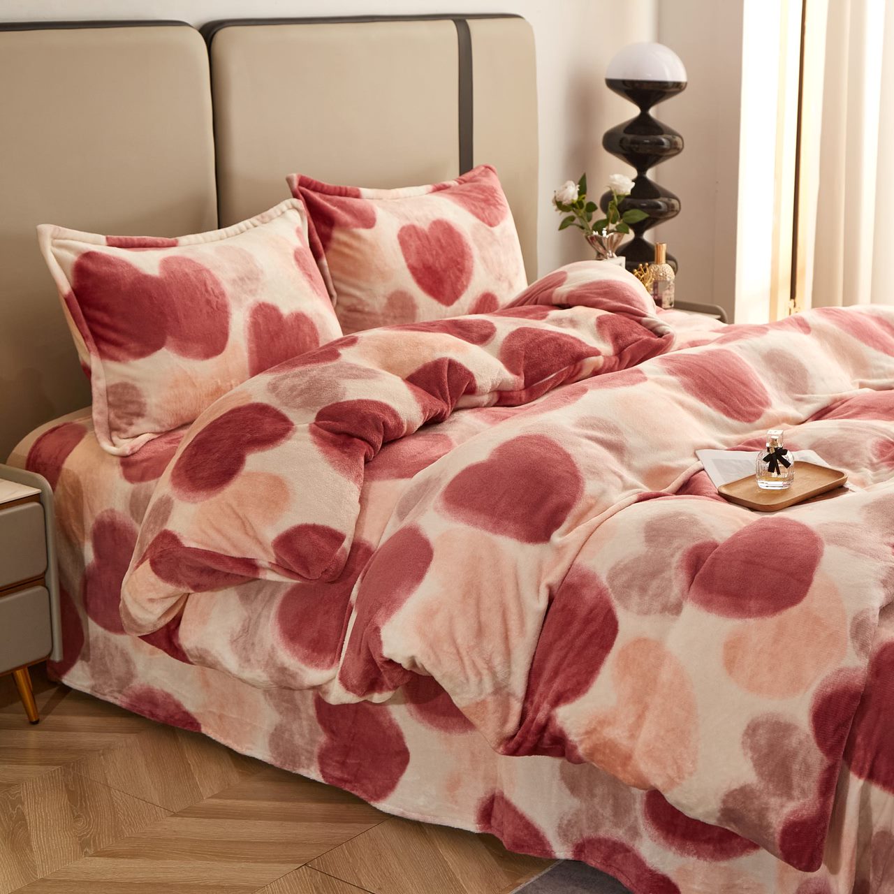Lenjerie pat dublu, Super Pufoasa COCOLINO, 4 piese, Roz pudra, inimioare - 2 | YEO