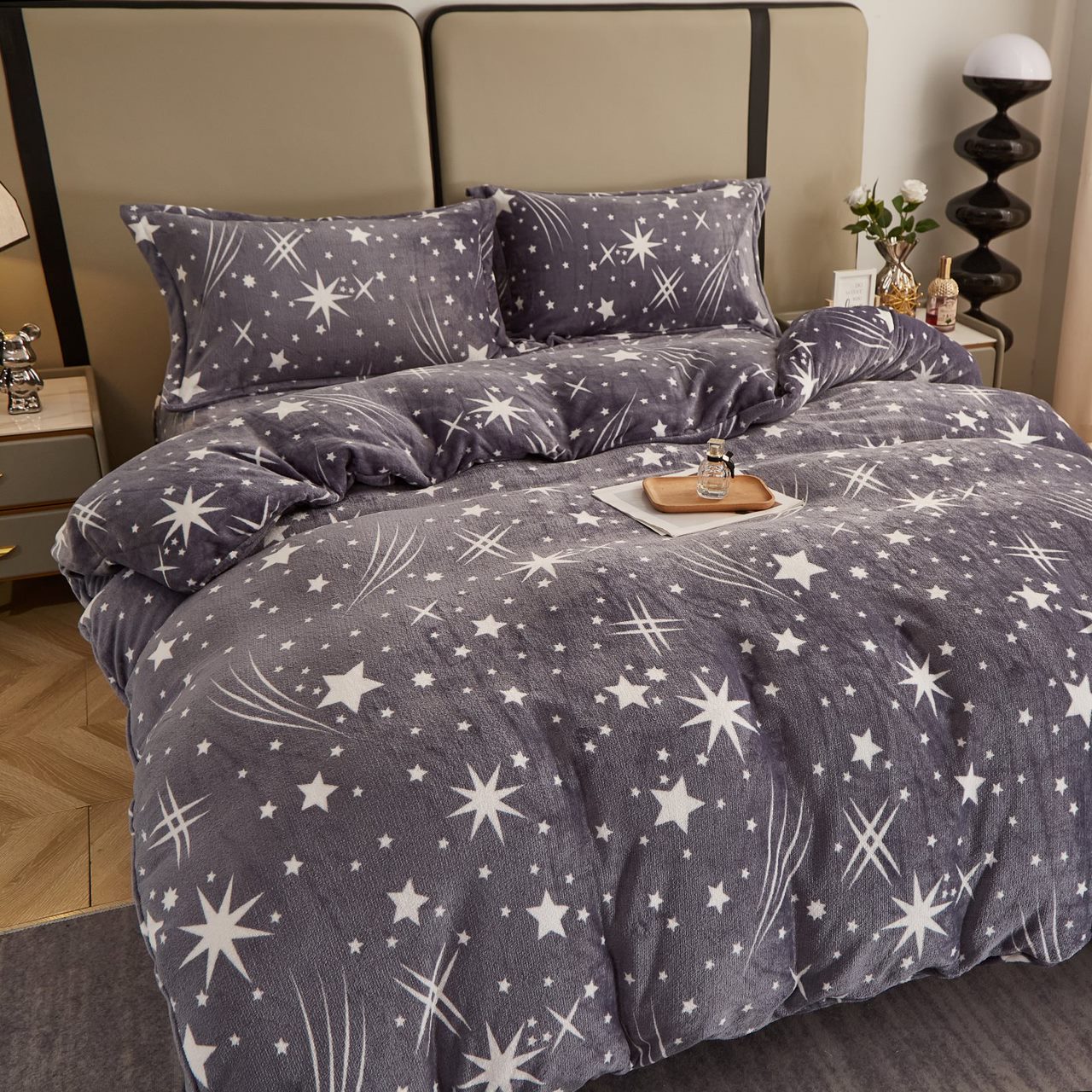 Lenjerie pat dublu, Super Pufoasa COCOLINO, 4 piese, Gri, stelute - 1 | YEO