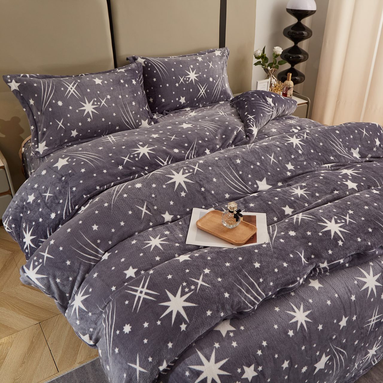Lenjerie pat dublu, Super Pufoasa COCOLINO, 4 piese, Gri, stelute - 2 | YEO