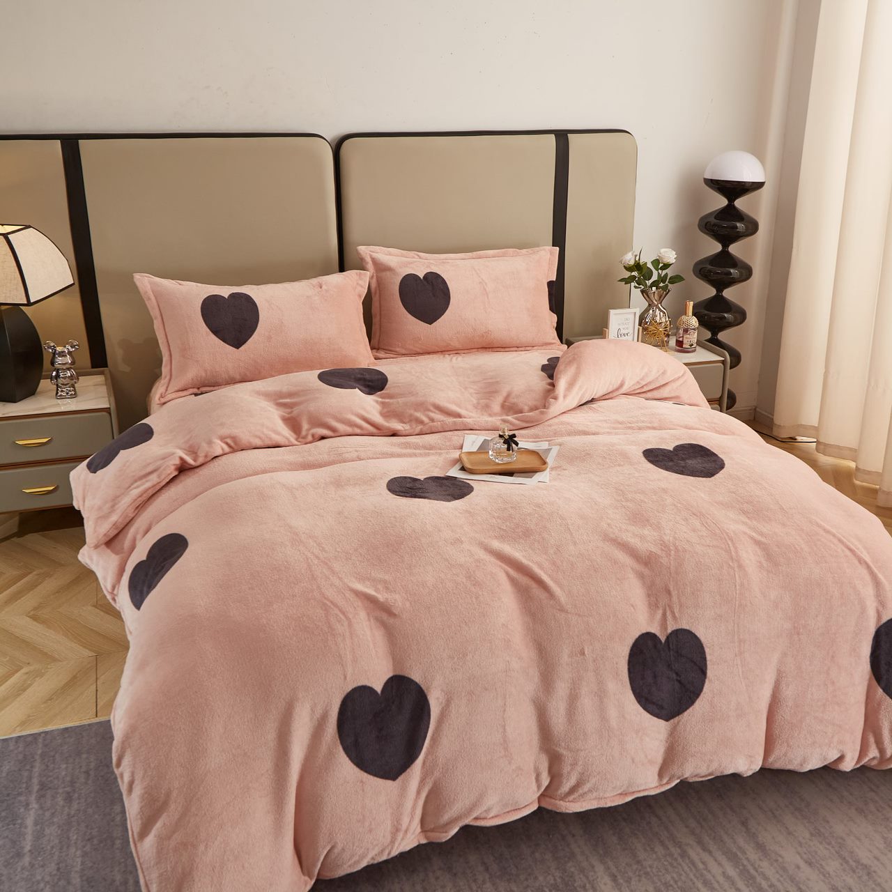 Lenjerie pat dublu, Super Pufoasa COCOLINO, 4 piese, Roz pudra, inimioare - 1 | YEO