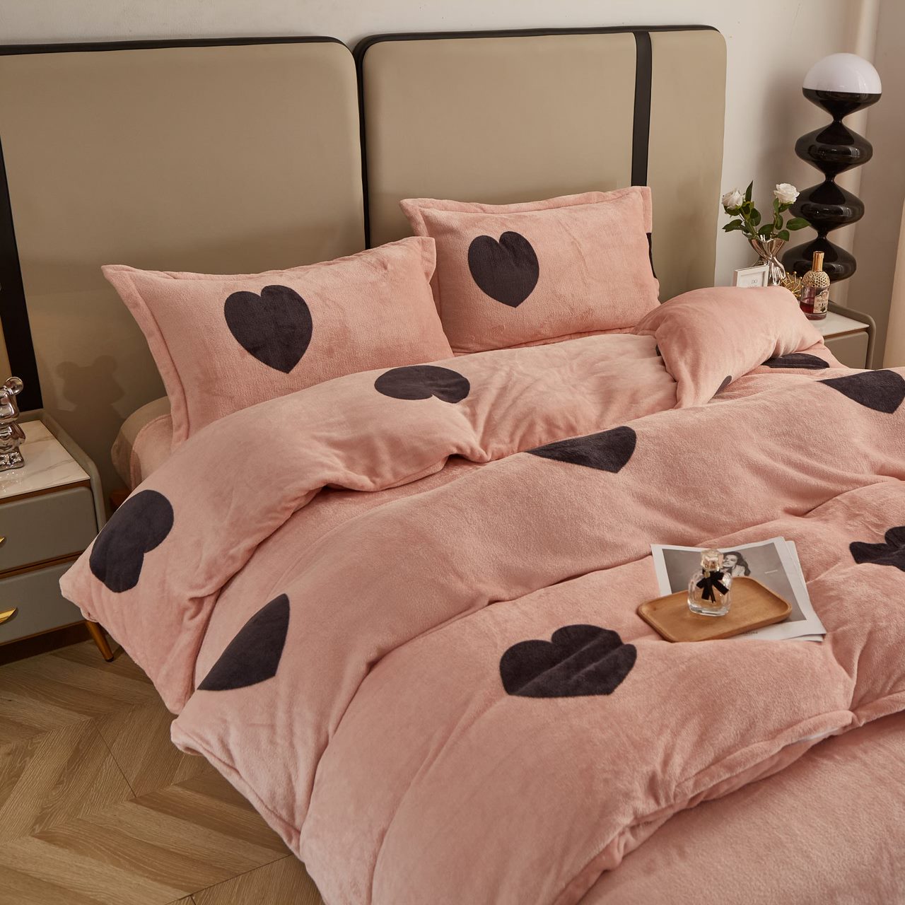Lenjerie pat dublu, Super Pufoasa COCOLINO, 4 piese, Roz pudra, inimioare - 2 | YEO