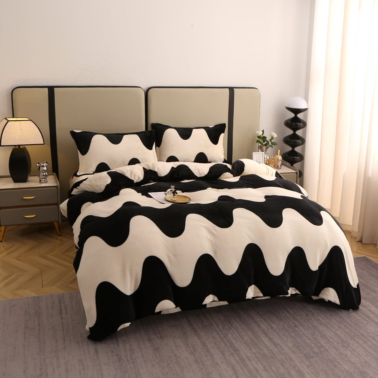 Lenjerie pat dublu, Super Pufoasa COCOLINO, 4 piese, Crem-Negru, valuri - 1 | YEO