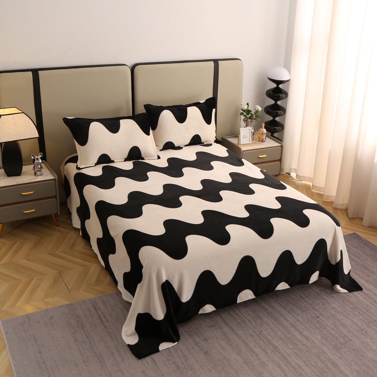 Lenjerie pat dublu, Super Pufoasa COCOLINO, 4 piese, Crem-Negru, valuri - 3 | YEO