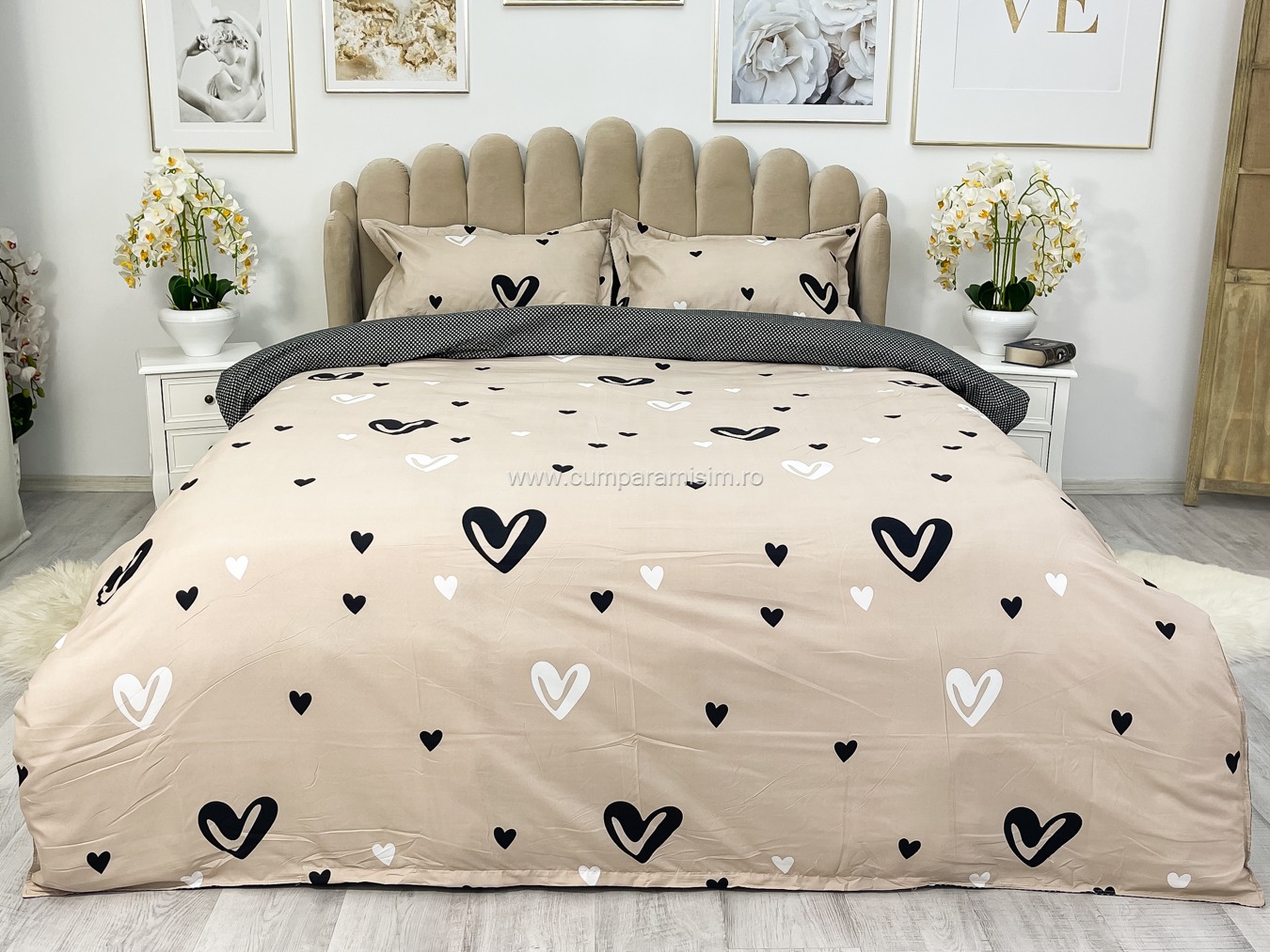(OFERTA 3 la 199 Lei) Lenjerie pat dublu cu doua feţe, bumbac satinat, 4 piese,  Gri, inimioare - 1 | YEO