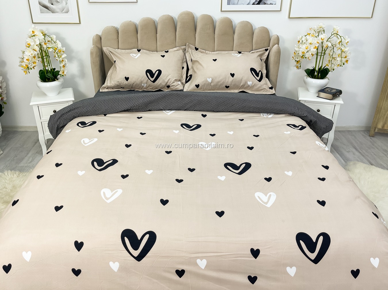 (OFERTA 3 la 199 Lei) Lenjerie pat dublu cu doua feţe, bumbac satinat, 4 piese,  Gri, inimioare - 2 | YEO