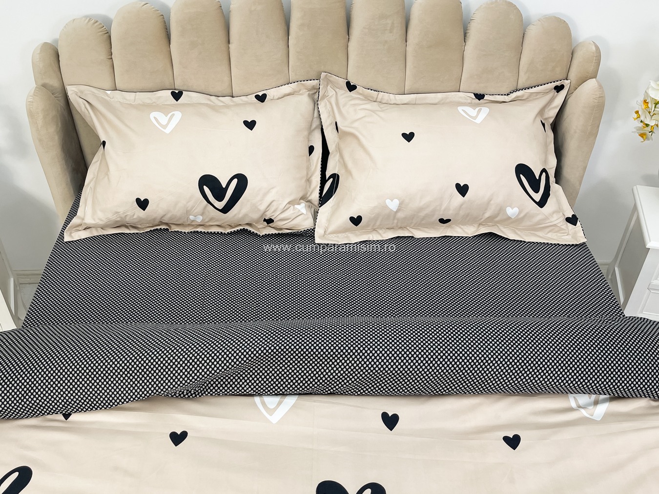 (OFERTA 3 la 199 Lei) Lenjerie pat dublu cu doua feţe, bumbac satinat, 4 piese,  Gri, inimioare - 3 | YEO