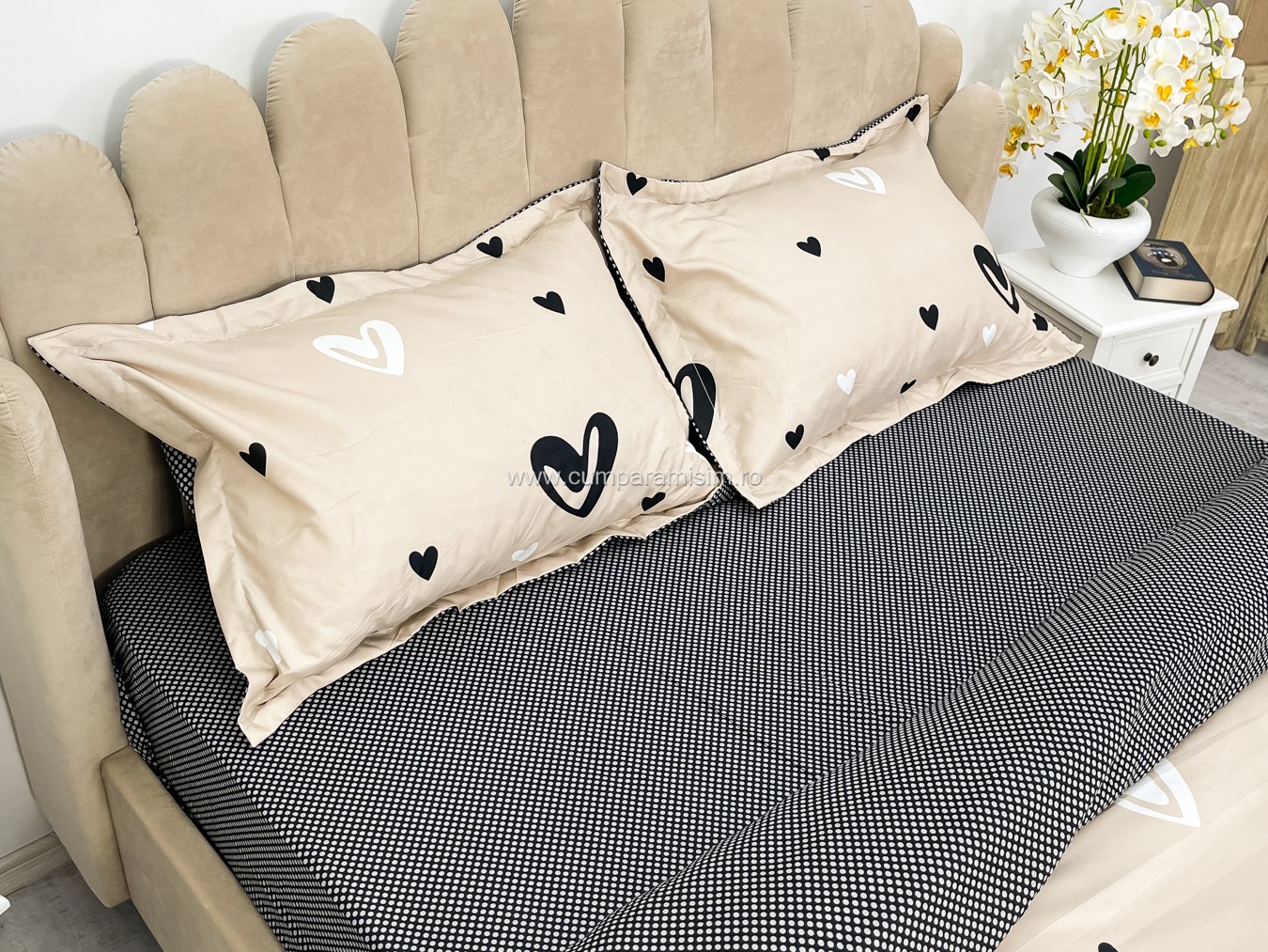 (OFERTA 3 la 199 Lei) Lenjerie pat dublu cu doua feţe, bumbac satinat, 4 piese,  Gri, inimioare - 4 | YEO