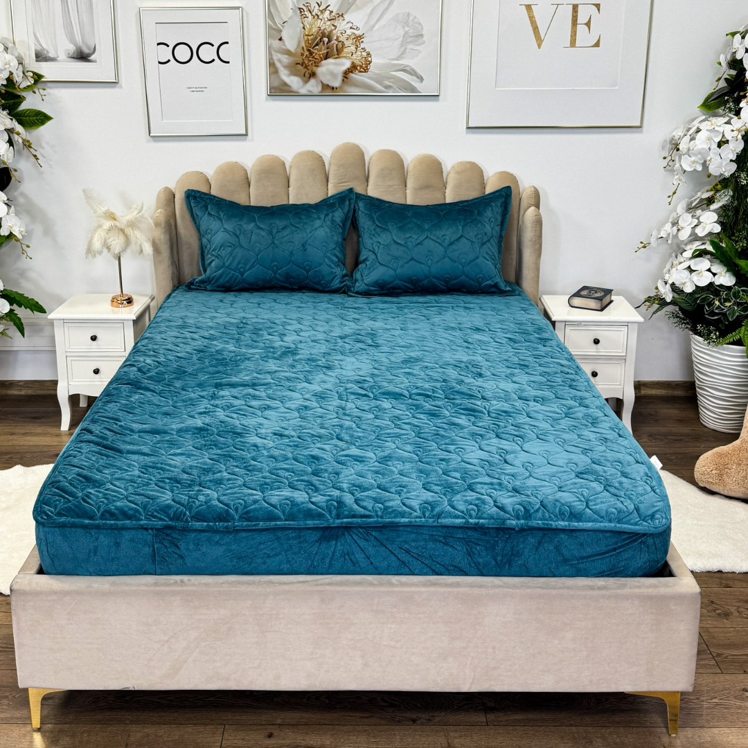 Husã matlasatã tip topper din catifea, 140x200cm + 2 fete de perna 50x70cm, albastru - 1 | YEO