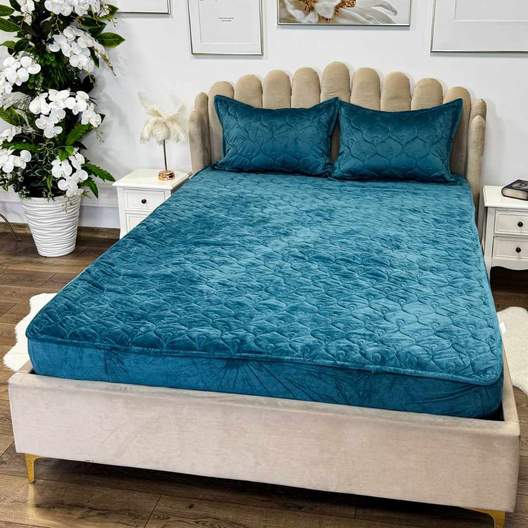 Husã matlasatã tip topper din catifea, 140x200cm + 2 fete de perna 50x70cm, albastru - 2 | YEO