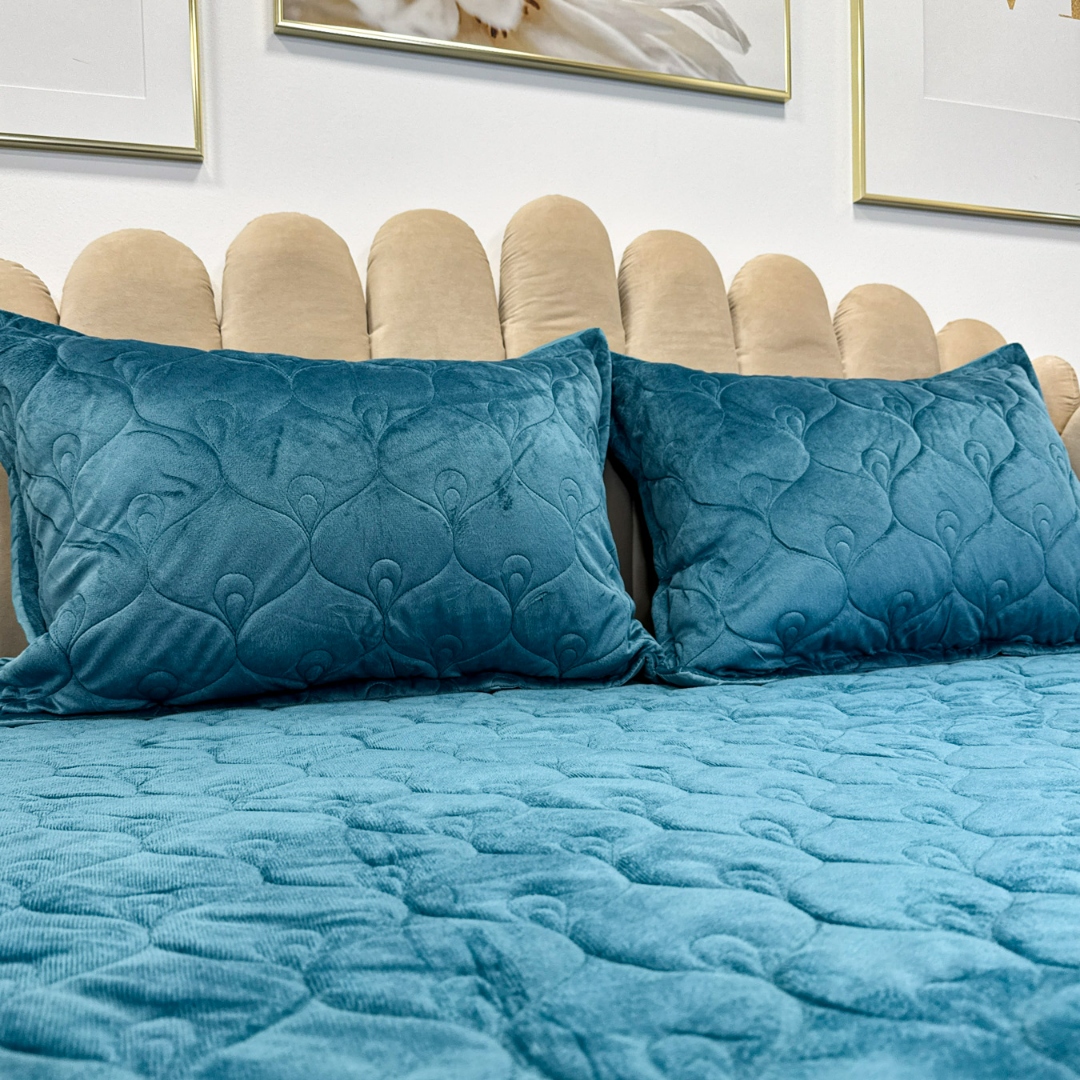 Husã matlasatã tip topper din catifea, 140x200cm + 2 fete de perna 50x70cm, albastru - 4 | YEO